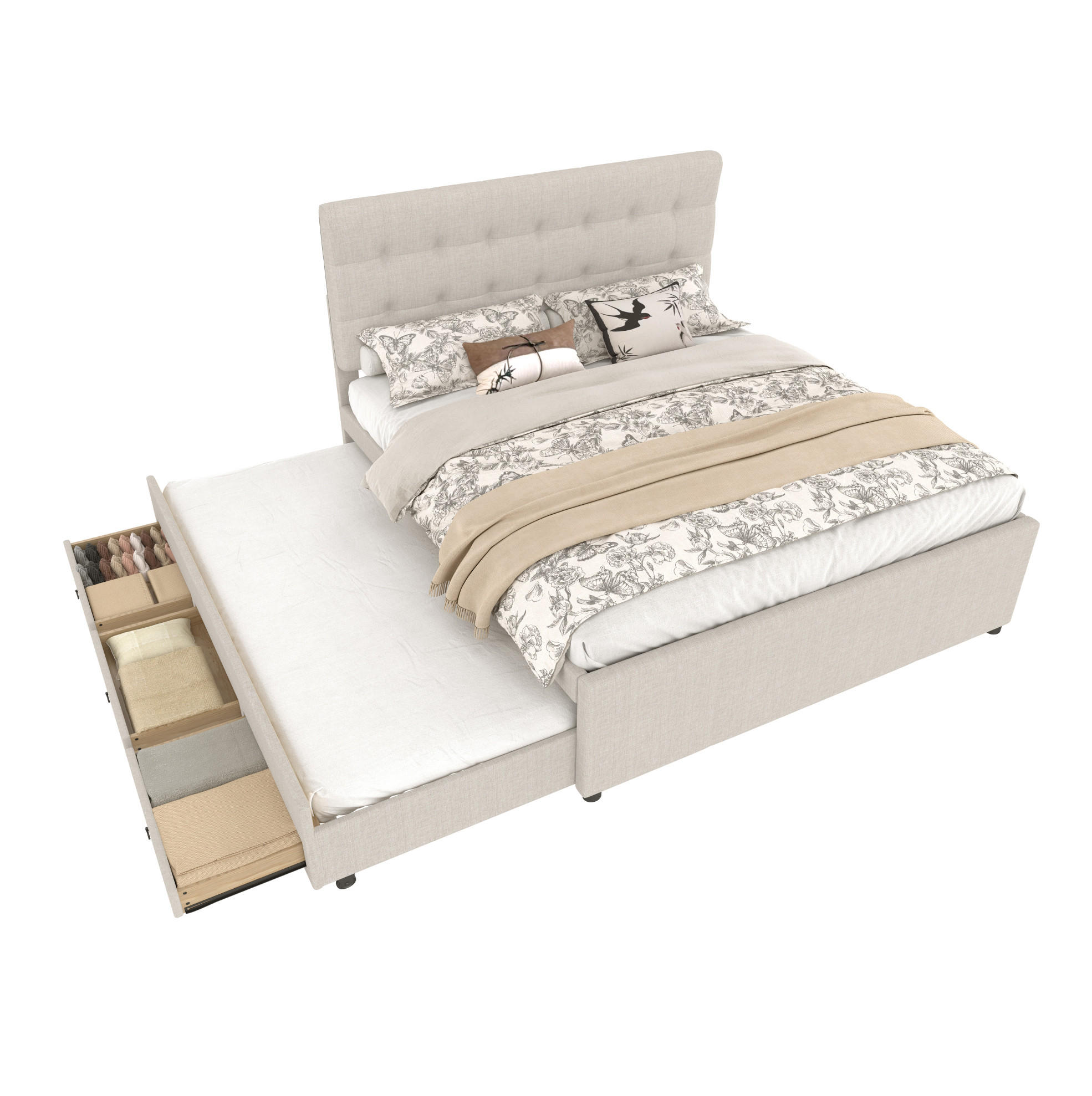 POLSTERBETT 140/200 cm in Beige mit 3 Schubladen und höhenverstellbarem Kopfteil - Beige, Textil (140/200cm) - BEAOK