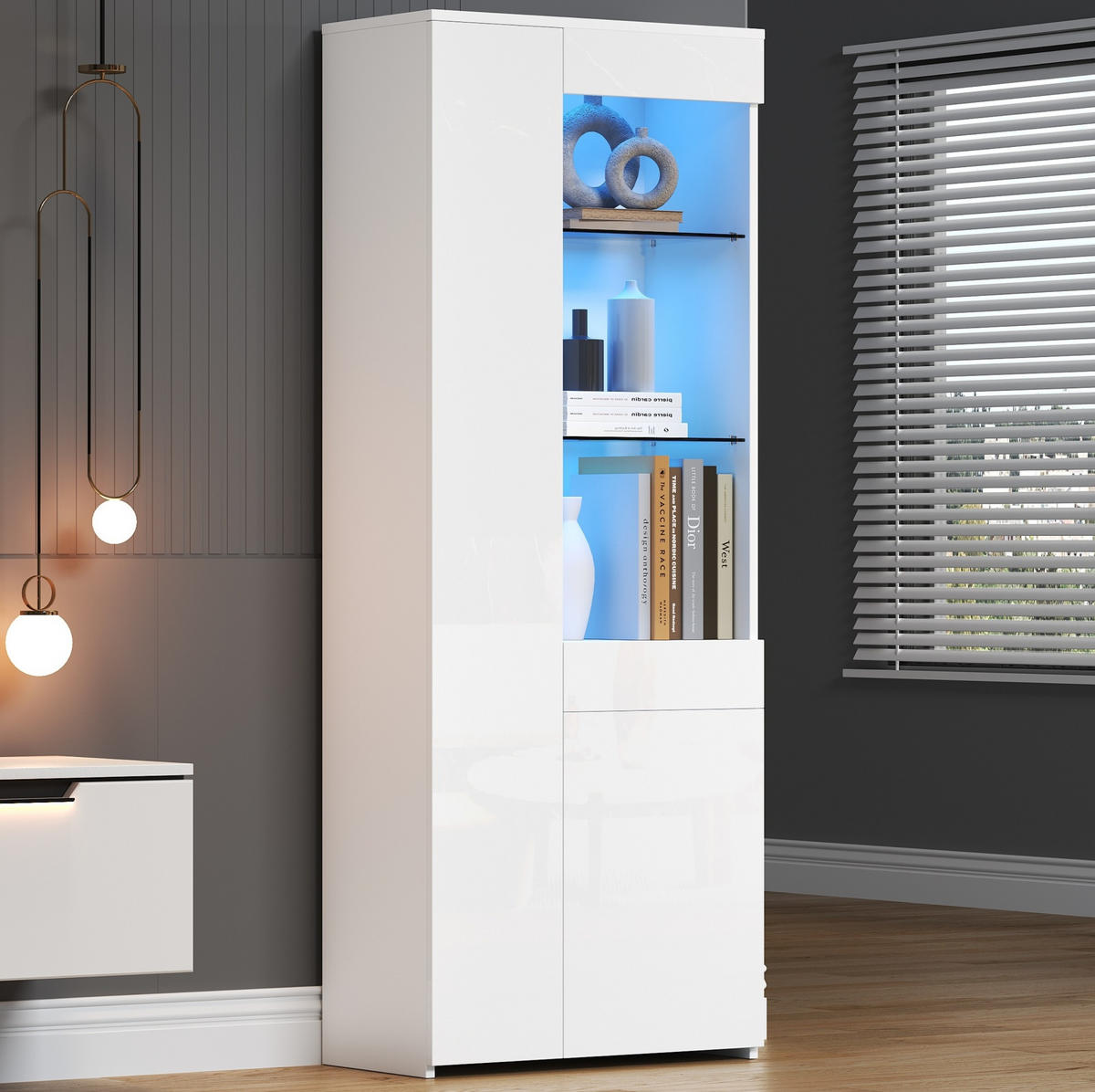 VITRINE 70/35/180 cm aus Spanplatte mit LED-Beleuchtung und Hochglanzfront Weiß - Weiß, Holzwerkstoff (70/180/35cm) - Modenvie
