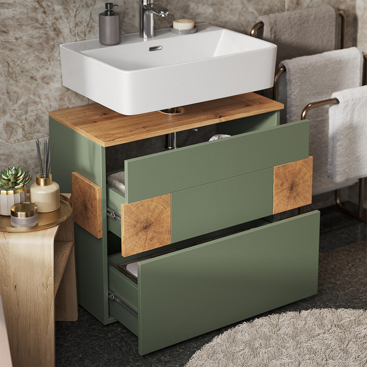 BADMÖBEL-SET Eden Grün 4 Teile - Grün, Holzwerkstoff (70/64.5/37cm) - Vicco