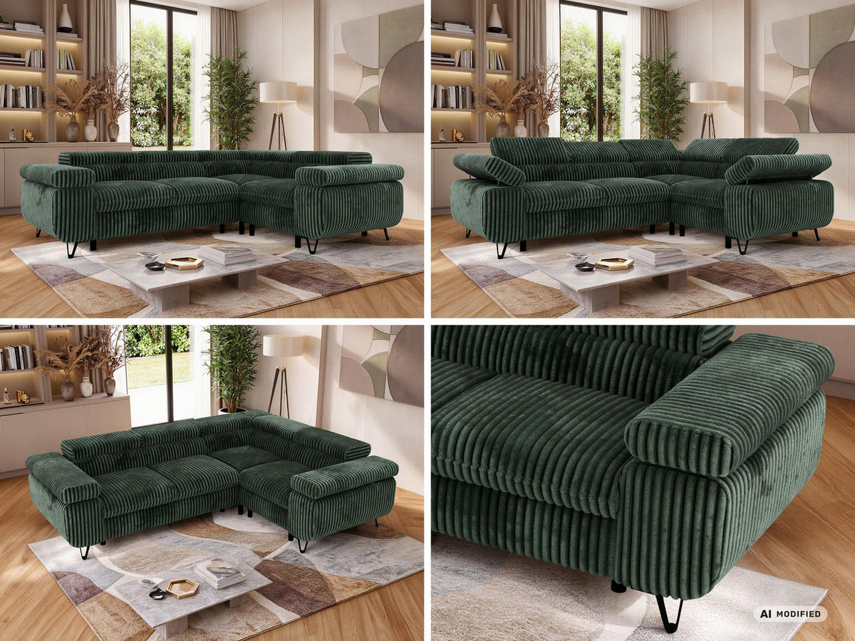 ECKSOFA ORSO L Dunkelgrün Cord - Rechts Seite - Dunkelgrün/Schwarz, Textil/Metall (268/197cm) - MKS