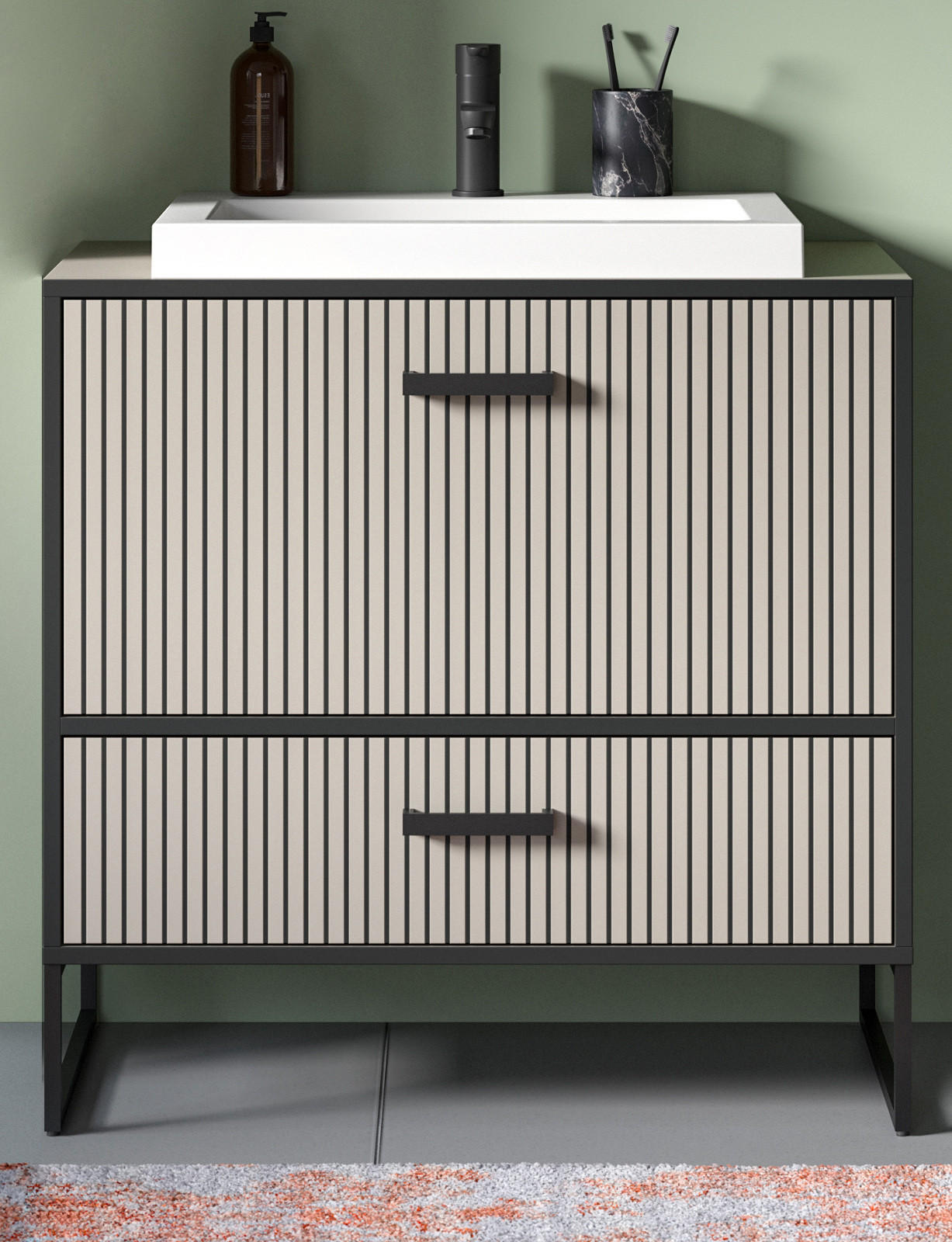 WASCHBECKENUNTERSCHRANK mit Waschbecken schwarz, sand 80 cm mit Soft-Close - Sandfarben/Schwarz, Keramik/Holzwerkstoff (80/84/48cm) - Inn.Furn