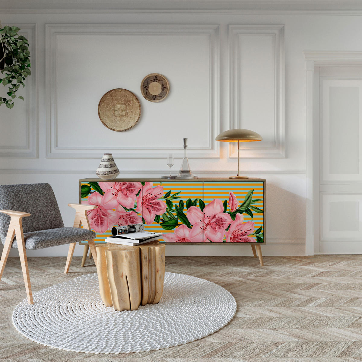 SIDEBOARD FRAGILE BEAUTY, Eicheneffekt, 164,5x42x77,5 cm, 3 Türen - Eichefarben/Buchefarben, Holzwerkstoff/Buchenholz (164.5/77.5/42cm) - SpaceRebels