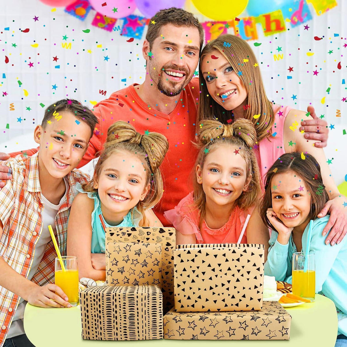 GESCHENKPAPIER Set 5-teilig mit Anhängern und Garn - Multicolor, Papier (50/50/70cm)