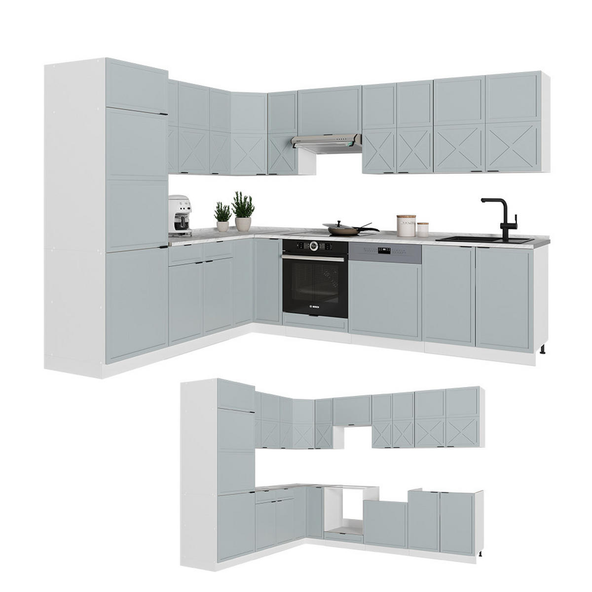 ECKKÜCHE Fame-Line Hellblau-grau/Weiß 227 x 60 cm ohne AP - Weiß/Hellblau, Holzwerkstoff (287/81.6/46cm) - Vicco