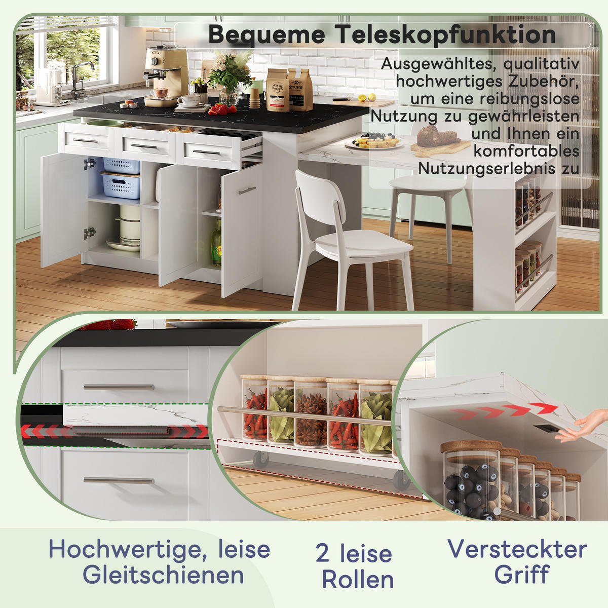 KÜCHENINSEL 150/90/90 cm Weiß mit 3 Schubladen und integrierte Stauschränke - Weiß, Holz (90/90/150cm) - Oxeza