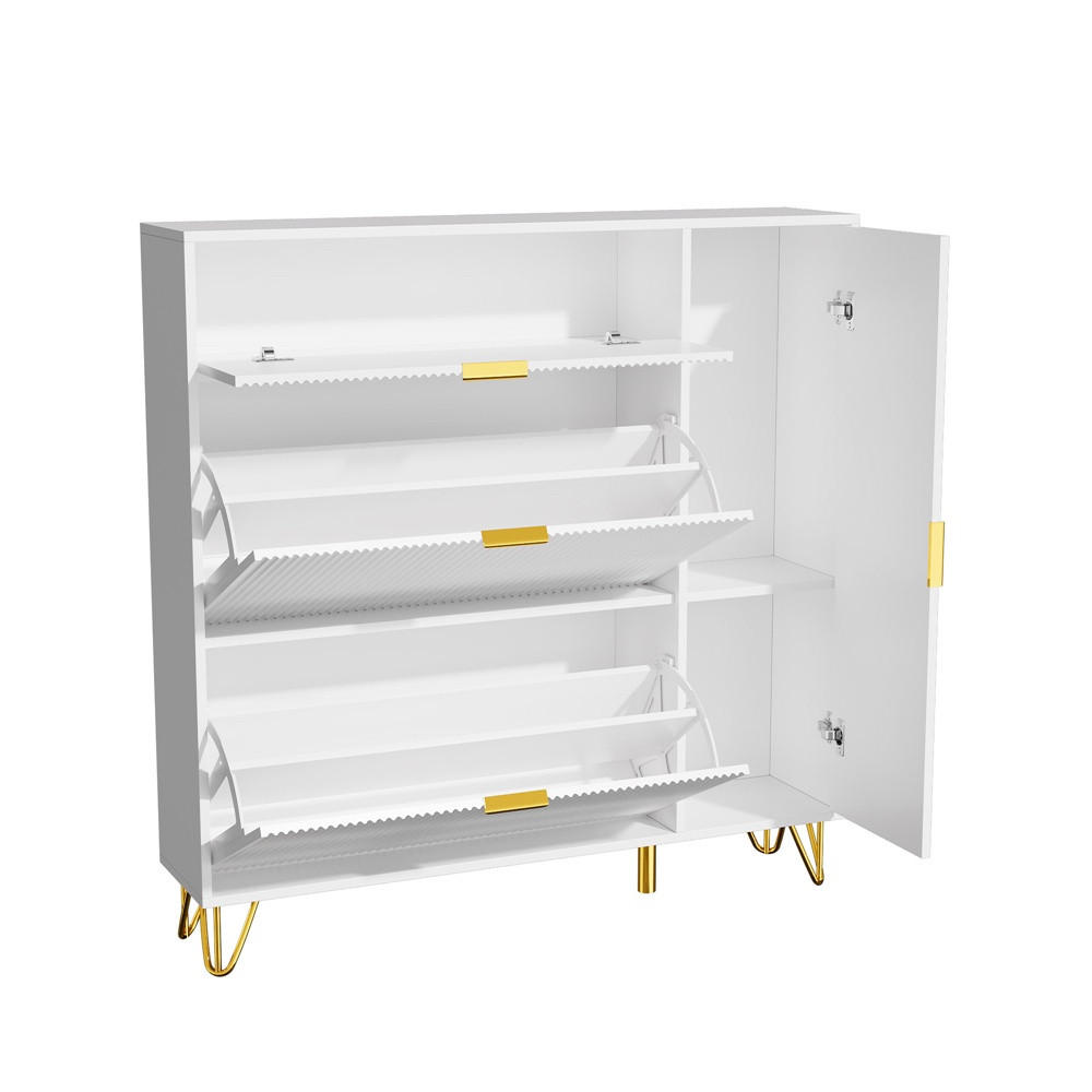SCHUHSCHRANK im modernen Luxusdesign - Schuhkipper mit 2 Kippfächern und 1 Tür - Weiß und Gold - Weiß, Holzwerkstoff (24/118.5/110cm) - DELFA