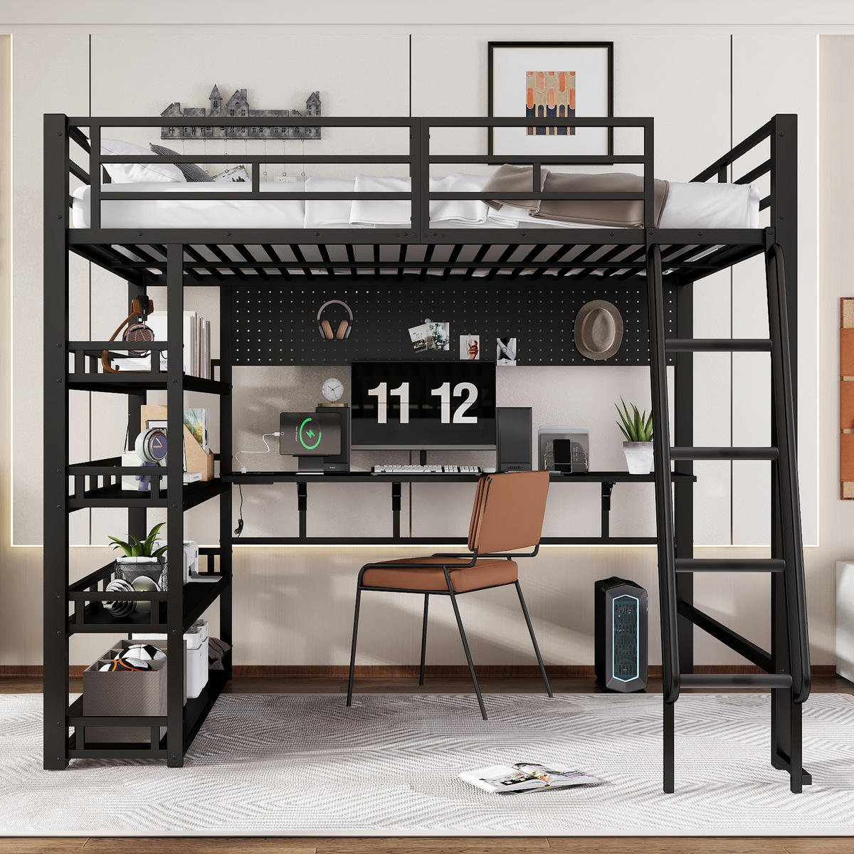 HOCHBETT 140/200 cm schwarz aus Eisen und Spanplatte mit Ablagen und Ladeanschluss - Schwarz, Metall (140/200cm) - OKWISH