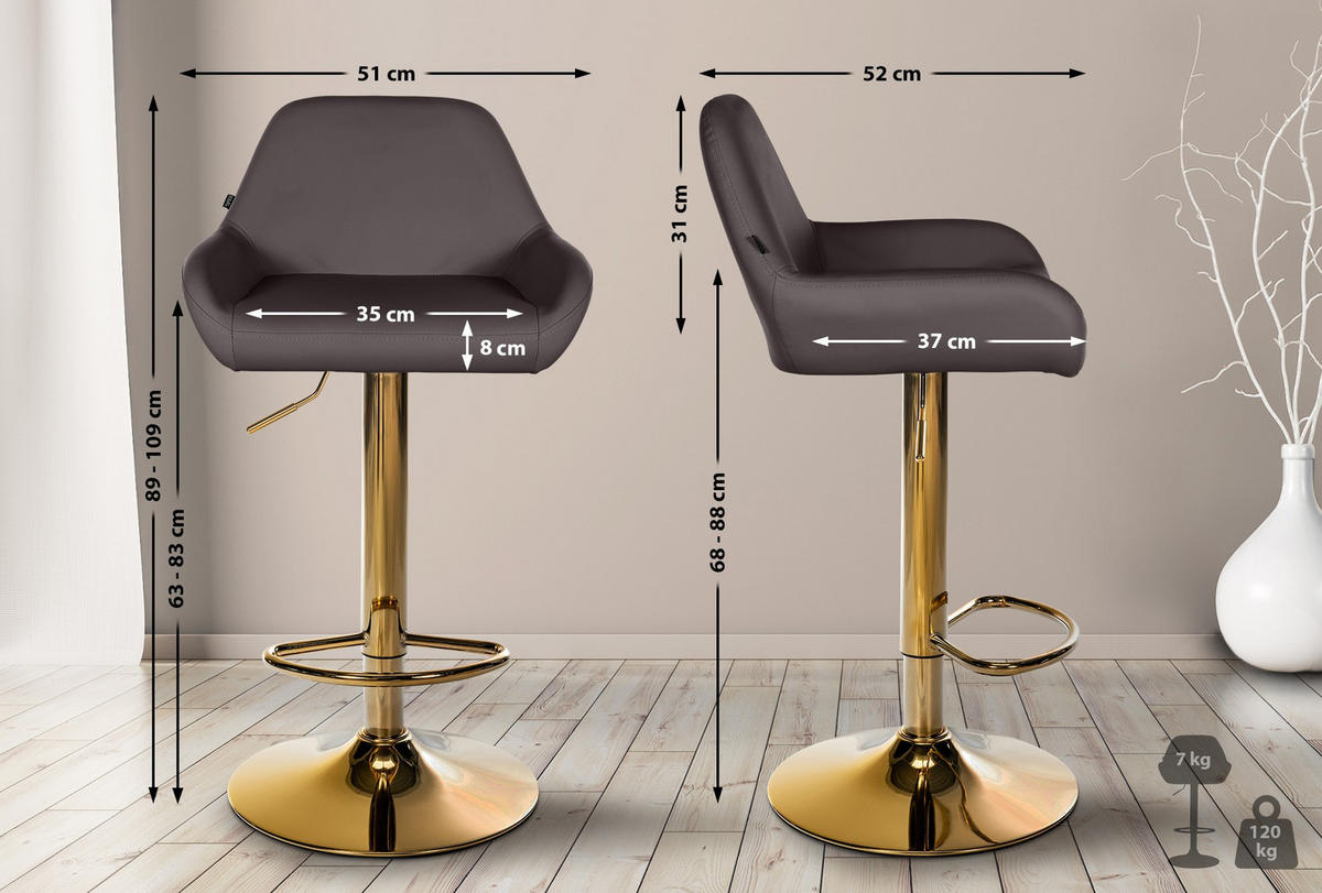 BARHOCKER 2er Set Lederlook braun - Goldfarben/Braun, Textil/Metall (51/89/52cm) - CLP