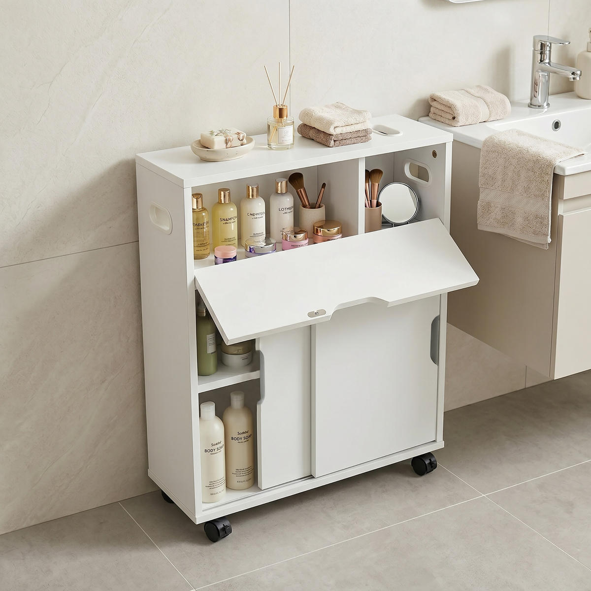 NISCHENSCHRANK Weiß 4 Fächer mit Rollen MDF 67x17x52 cm - Weiß, Holzwerkstoff/Kunststoff (17/67/52cm) - Relaxdays