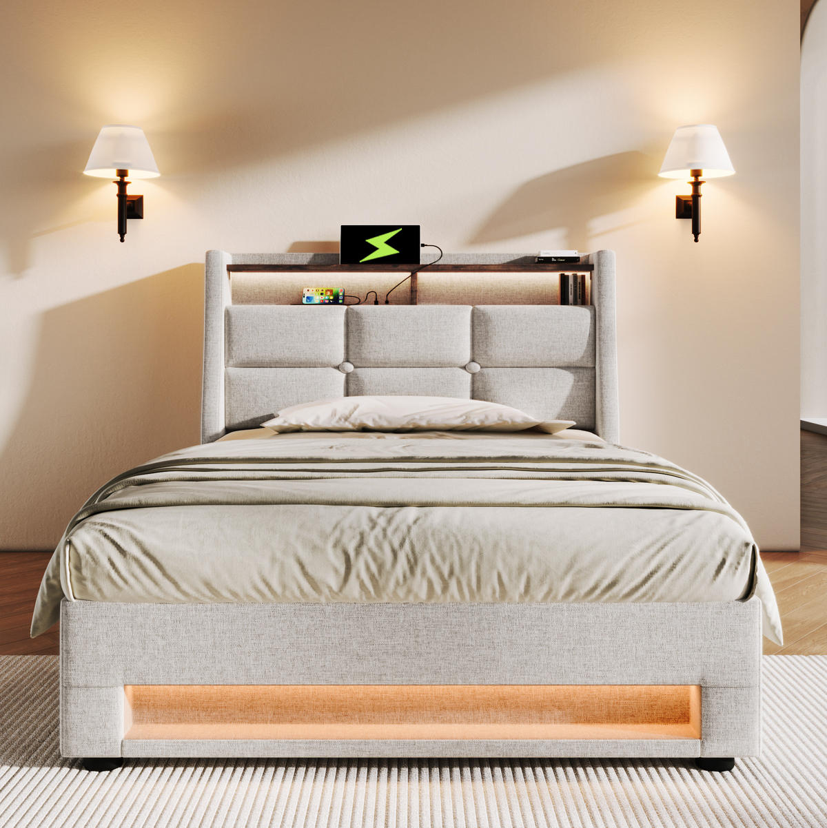POLSTERBETT 90/200 cm Beige aus Leinen mit LED, USB und Bettkasten - Beige, Textil (90/200cm) - OKMYHOME