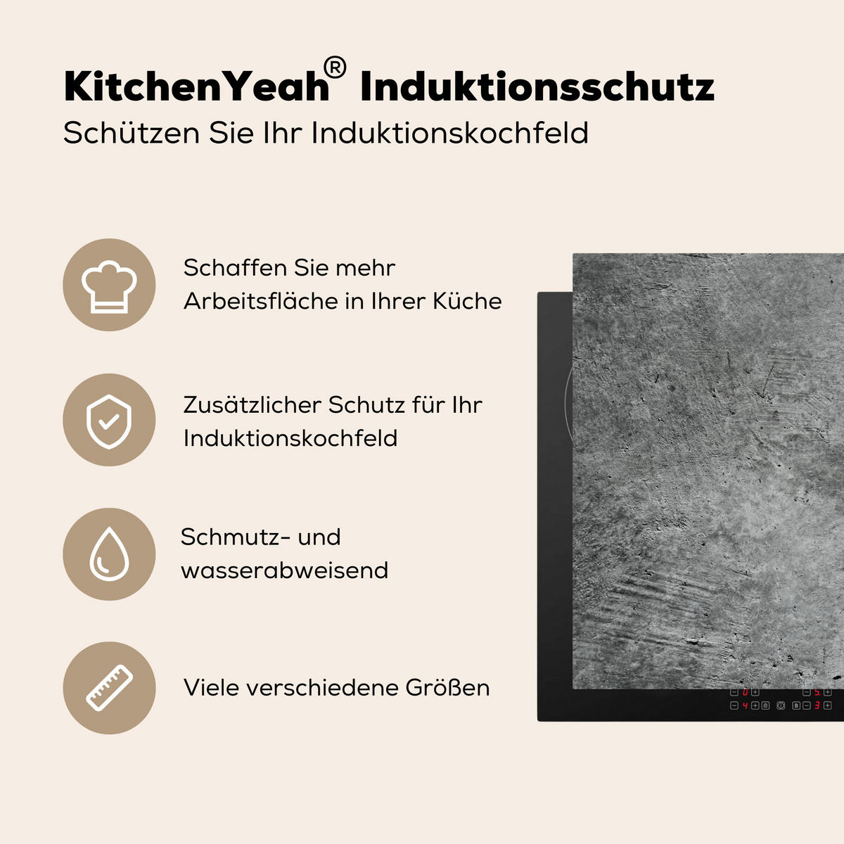 HERDABDECKPLATTE Beton - Schiefer - Grau -Betonstruktur Induktionsmatte 81x52 cm - Grau, Kunststoff (81/52/0.2cm) - MuchoWow