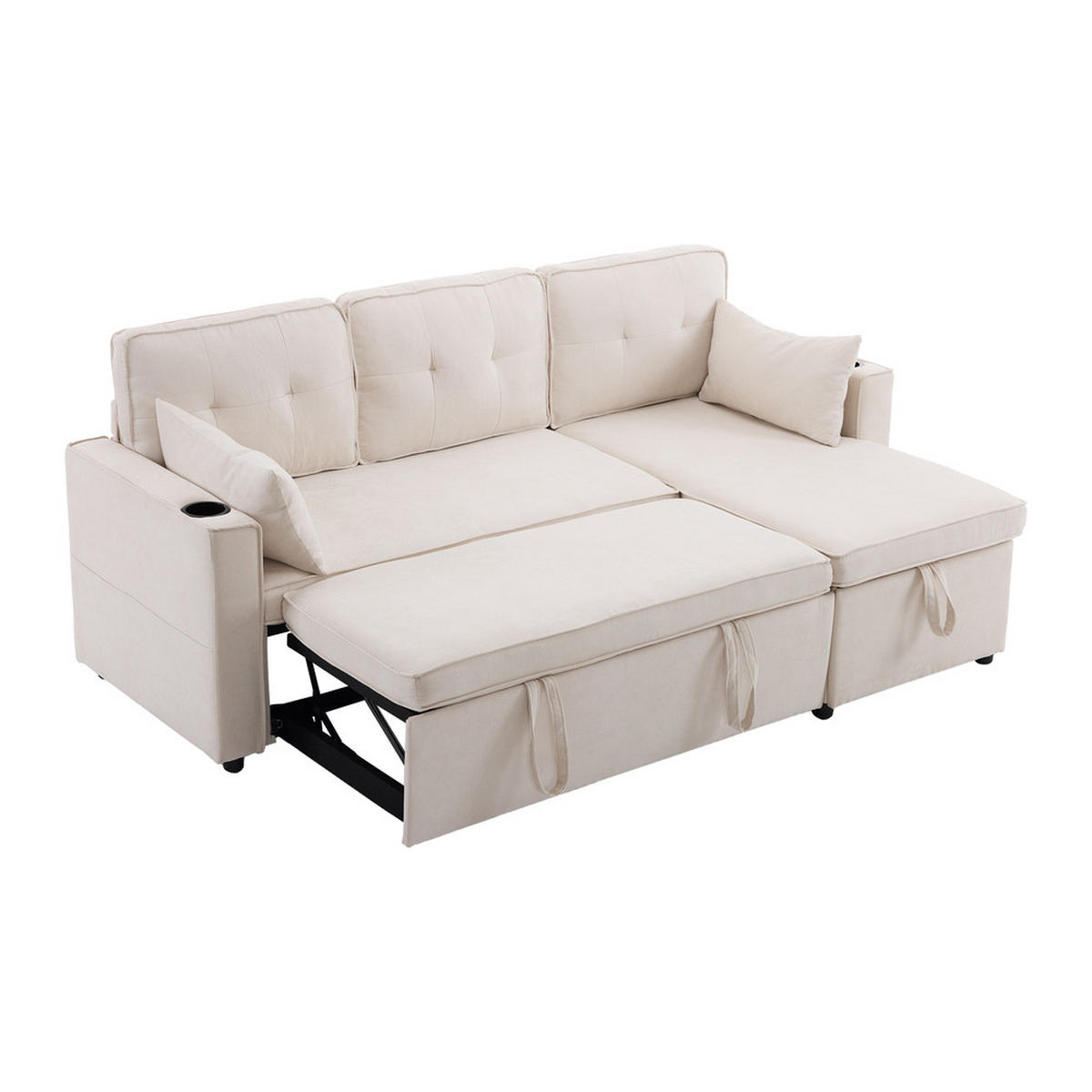 ECKSOFA L-Form Bettfunktion Stauraum Getränkehalter wechselseitig Beige - Beige, Holz (74/44/62cm) - FLIEKS
