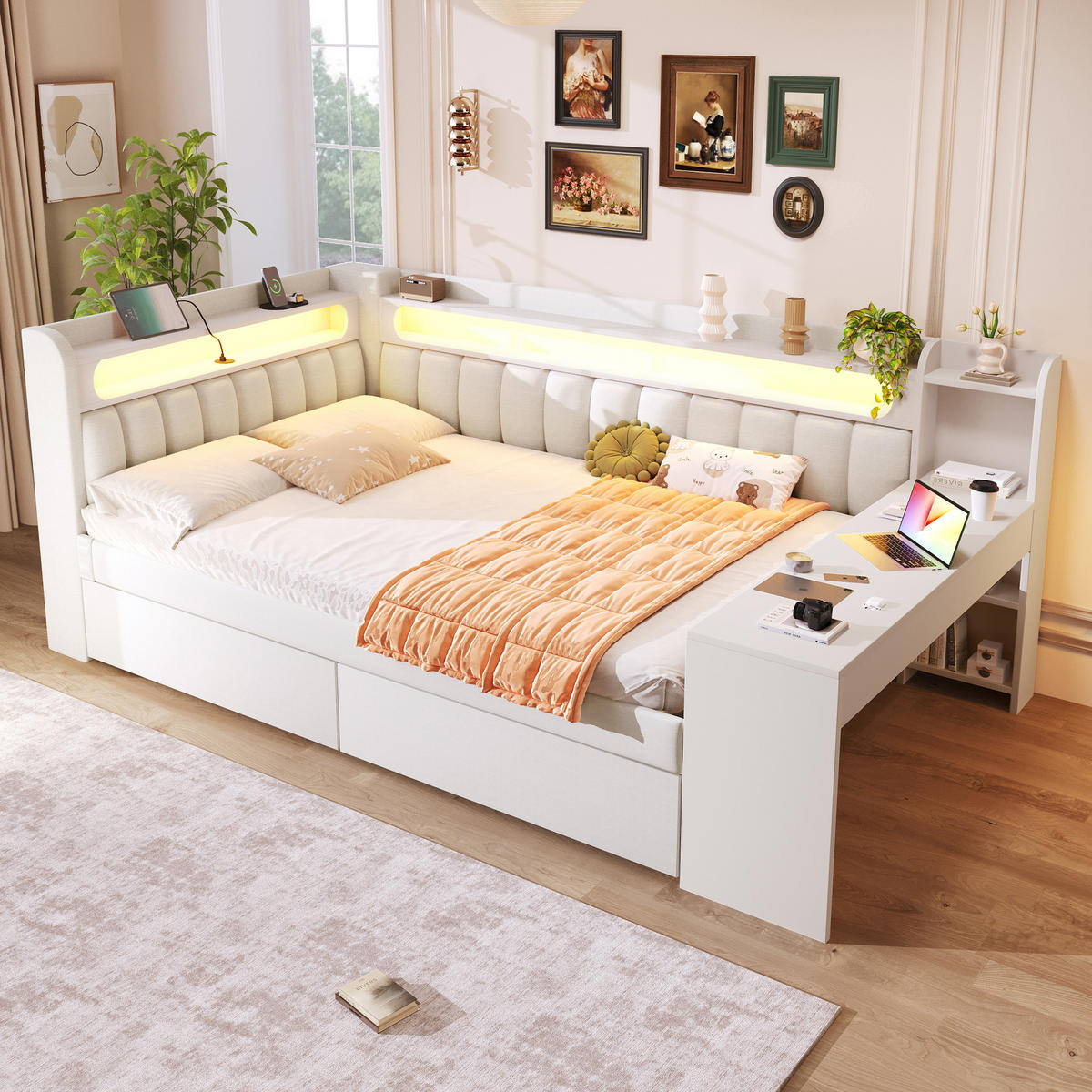 POLSTERBETT 140/200 cm weiß aus MDF mit LED und USB mit Schreibtisch - Weiß, Holzwerkstoff (140/200cm) - OKWISH