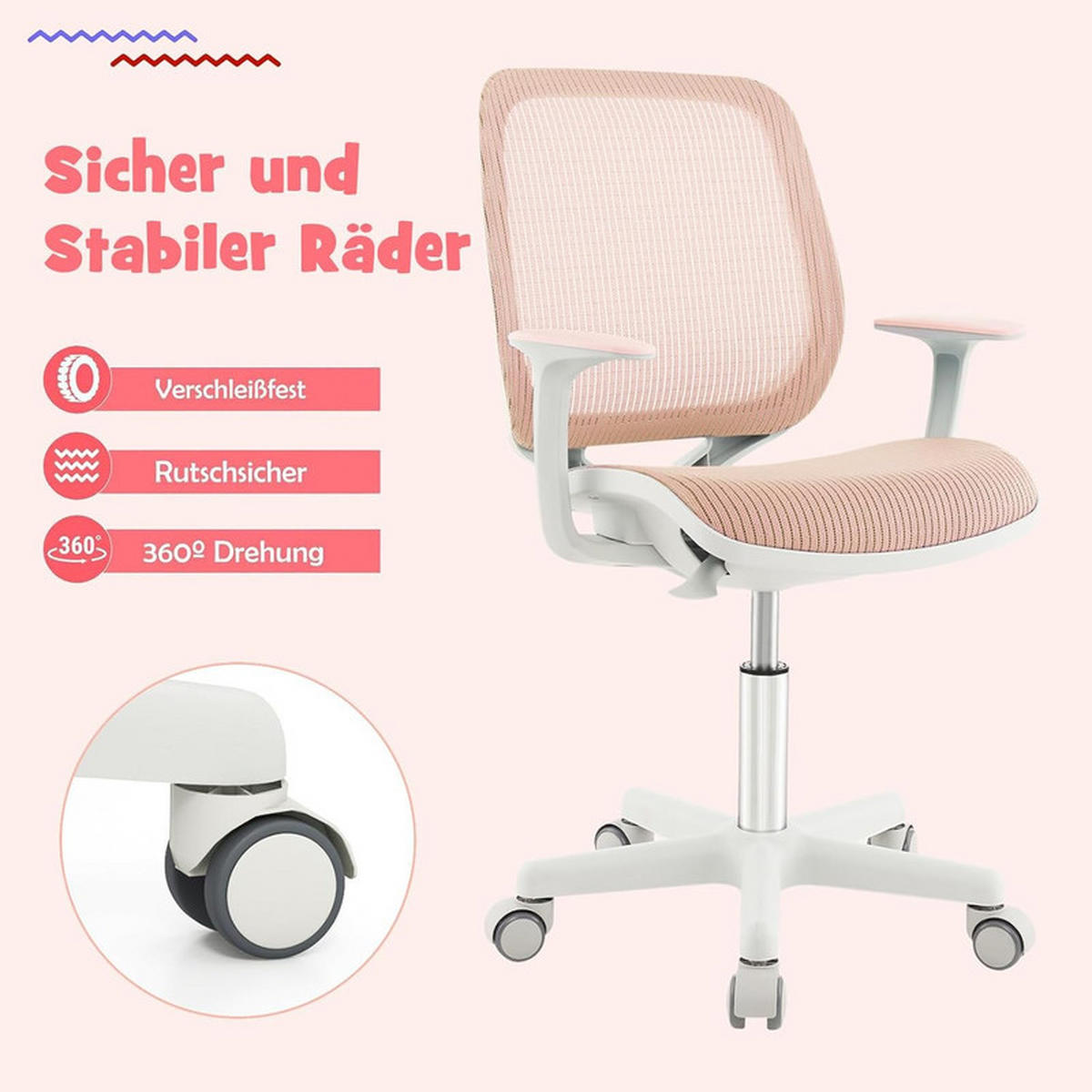 KINDER‑BÜROSTUHL höhenverstellbar rosa - Pink, Kunststoff (57/80/57cm) - COSTWAY