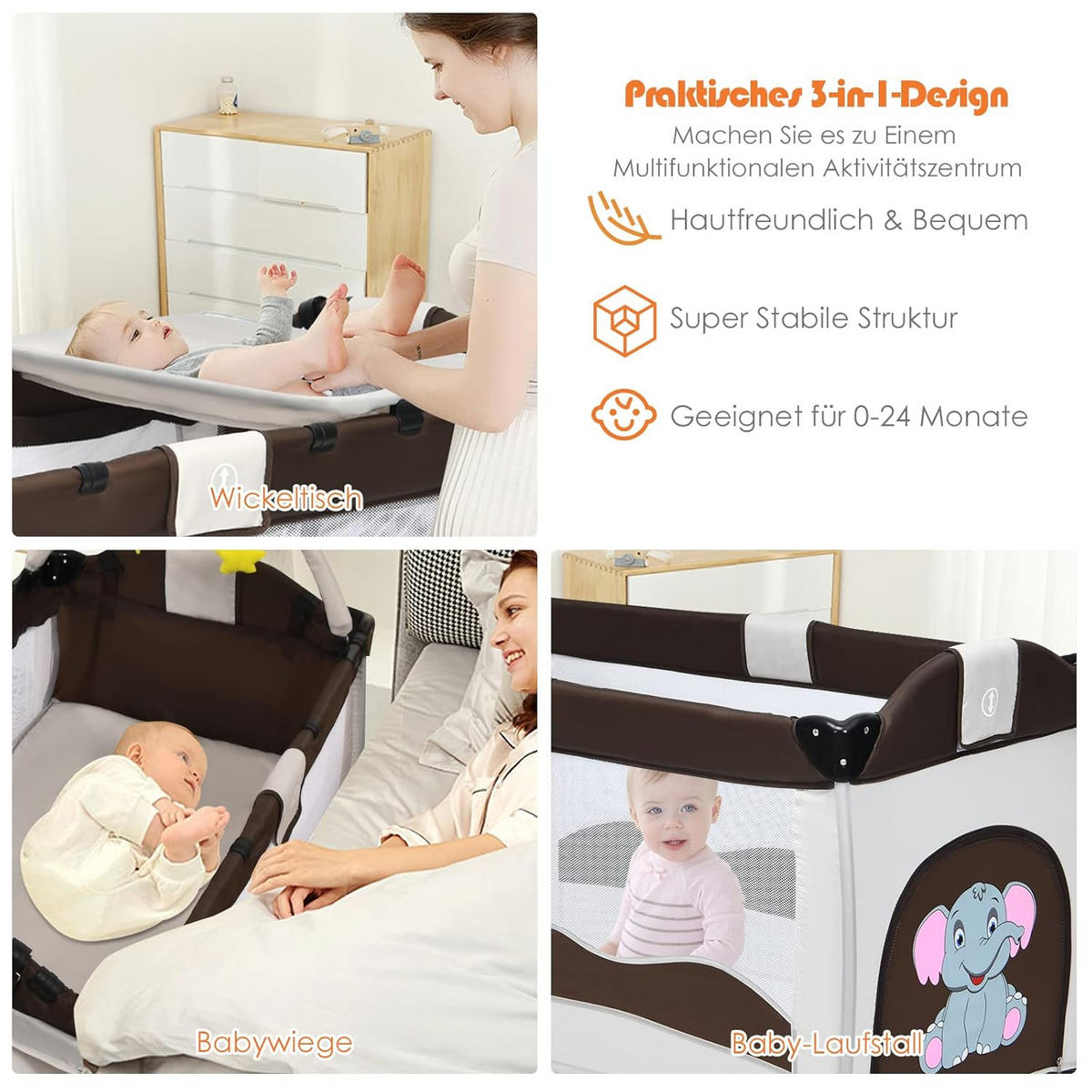 BABYBETT 3 in 1 klappbares Reisebett Wickeltisch Braun - Braun, Metall - COSTWAY