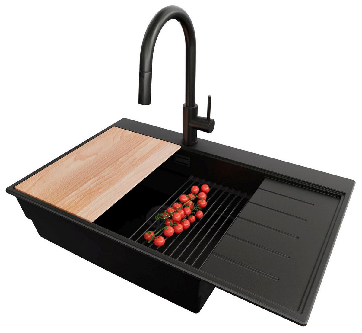 GRANITSPÜLE Sydney, 2-er set Alles Schwarz 78/50 cm 1 Becken + Küchenarmatur 40/20 cm + Ablauf-Set + Küchenzubehörset ab 60er Unterschrank - Beige/Schwarz, Kunststoff (78/20/50cm) - Primagran