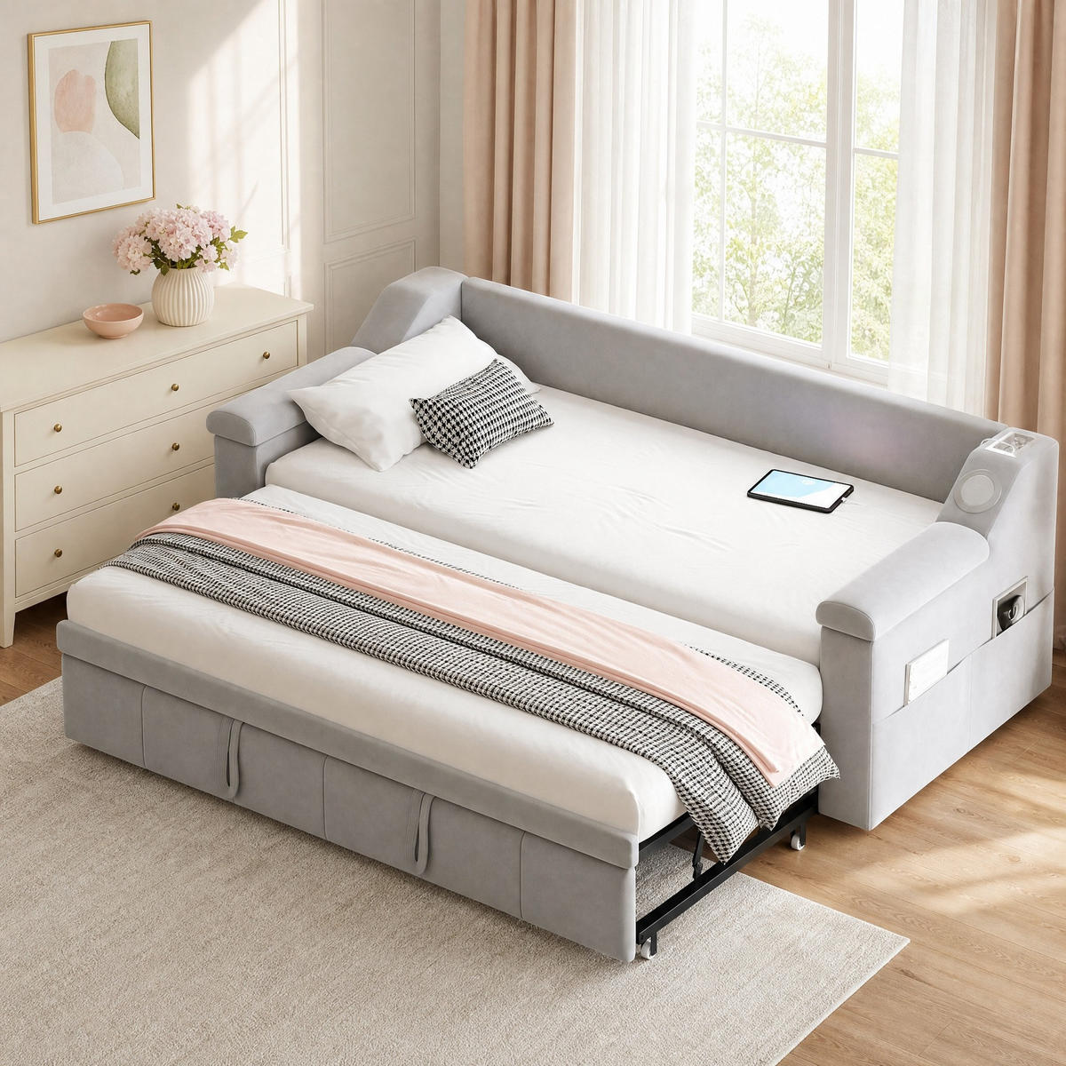 POLSTERBETT 90/190 mit Ausziehfunktion, Bluetooth, USB und Ablagefächern in Hellgrau - Hellgrau, Holzwerkstoff/Textil (90/190cm) - EVRYAE