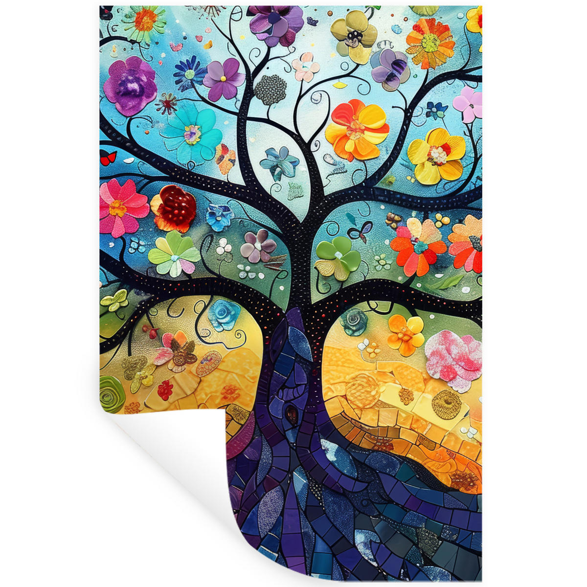 WANDTATTOO Kunst - Baum des Lebens - Blumen - Hippie 80x120 cm - Dunkelblau, Kunststoff (80/120/0.1cm) - MuchoWow