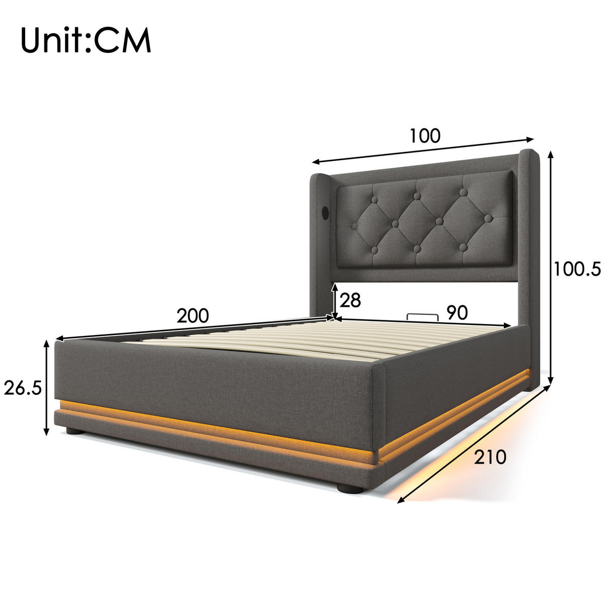 POLSTERBETT 90/200 cm mit USB-Typ-C, Matratze, LED und hydraulischem Bettkasten aus Baumwolle, Grau - Grau, Textil (90/200cm) - Redom