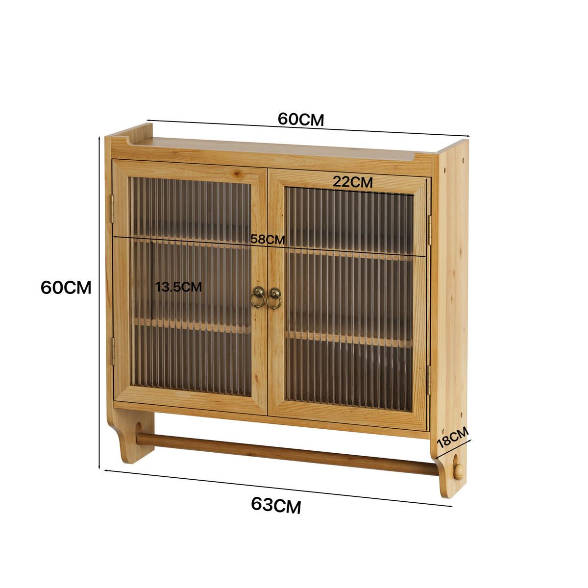 KÜCHENOBERSCHRANK 63x18x60 cm in Natural aus Glas, Massivholz mit Drei-Stufen-Stauraum & Wandmontage - Naturfarben, Holzwerkstoff (63/60/18cm) - Modfu