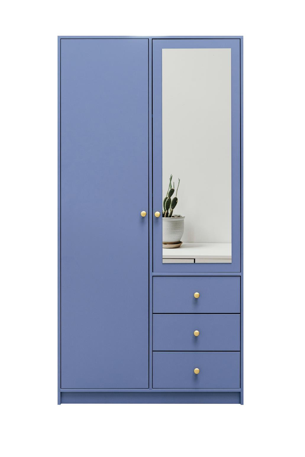 KLEIDERSCHRANK Rainbow Hellblau, zweitüriger Drehtürenschränk mit Spiegel und Schubladen - Hellblau, Holzwerkstoff (100/200/58cm) - Bettso