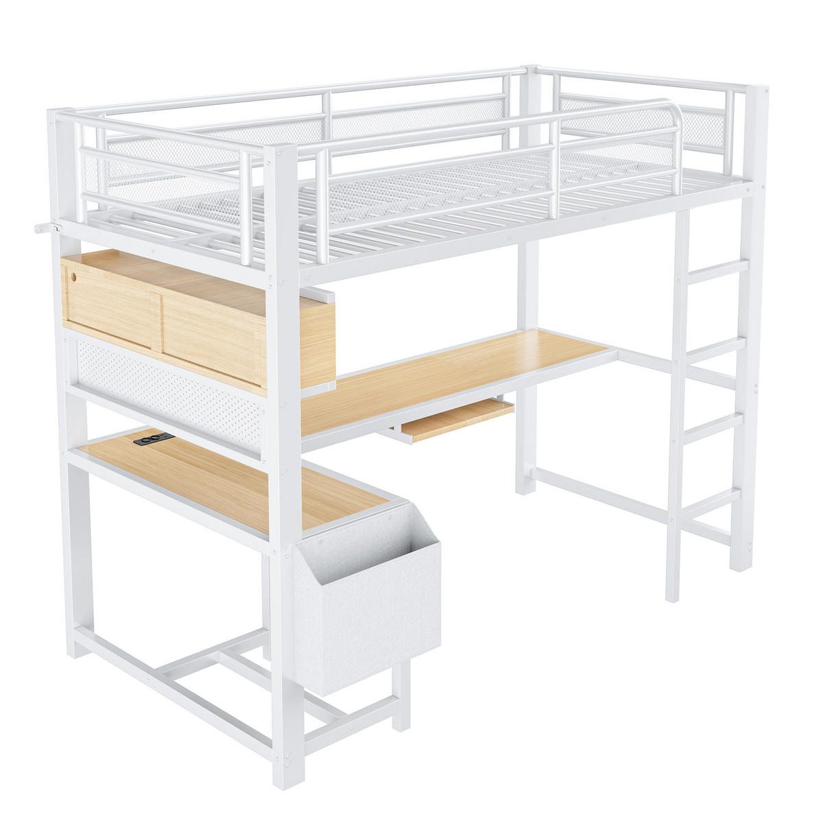 HOCHBETT 90/200 cm in Weiß mit Schreibtisch, LED und USB - Weiß, Holzwerkstoff/Metall (90/200cm) - WISHDOR