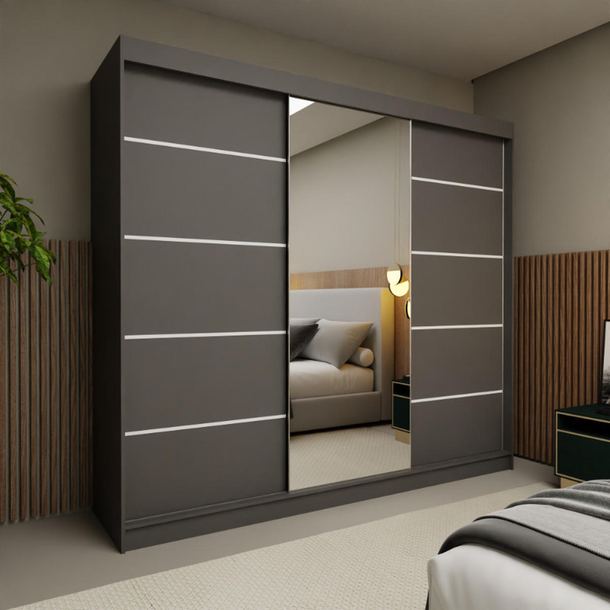 SCHWEBETÜRENSCHRANK Samantha 240 cm mit Spiegel, 3-türig, grau - Grau, Kunststoff (240/216/61cm) - Margaret Hadas24