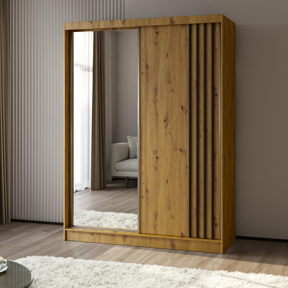 SCHWEBETÜRENSCHRANK NELVIA 160/216/61 cm 2-türig mit Spiegel Eiche Artisan - Eiche Artisan, Holzwerkstoff (160/216/61cm) - MASSENO