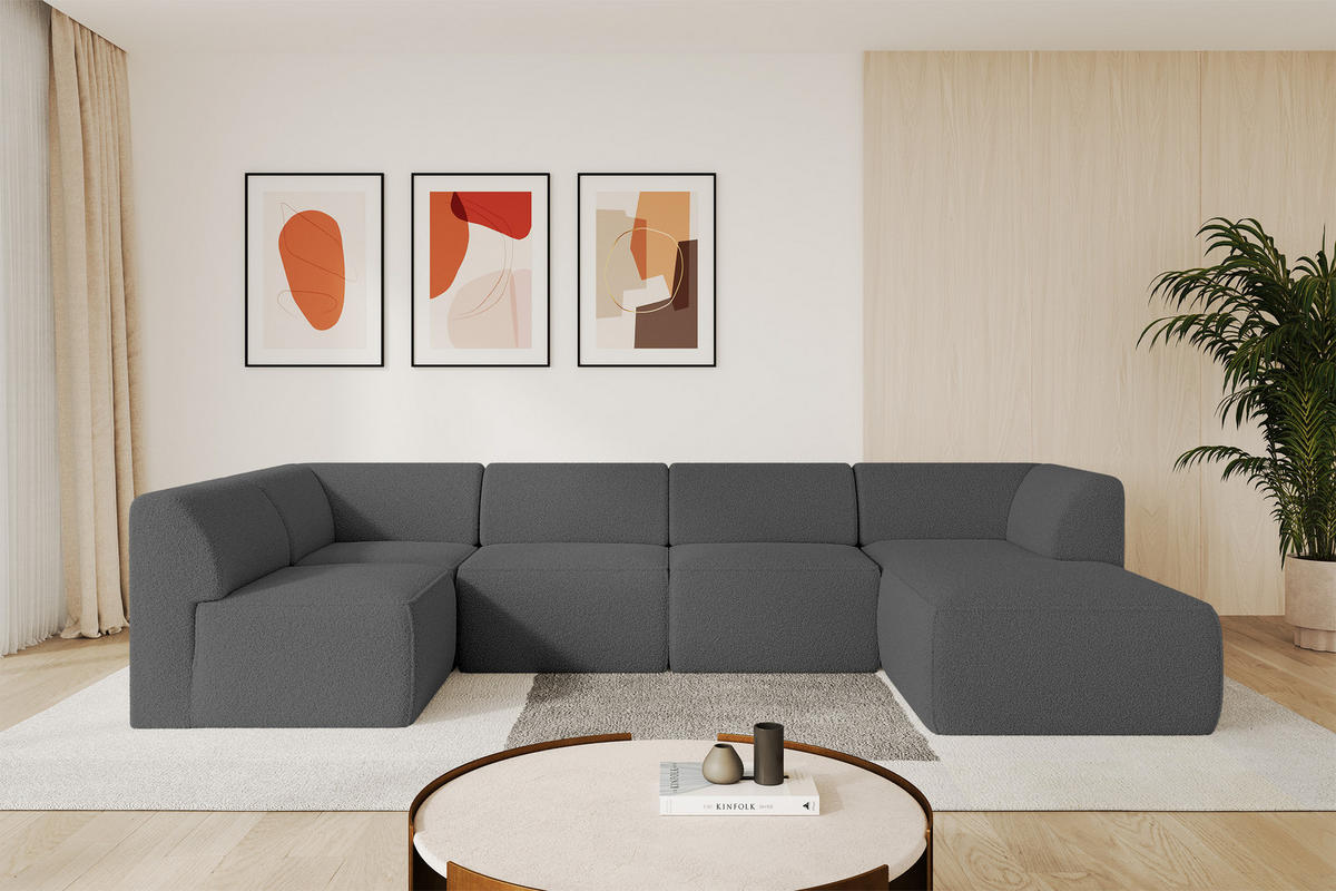 WOHNLANDSCHAFT Ottomane Rechts MOVO-L 345x180x78 cm Grau Bouclé - Chromfarben, Holzwerkstoff/Kunststoff (180/78/345cm) - ALTDECOR