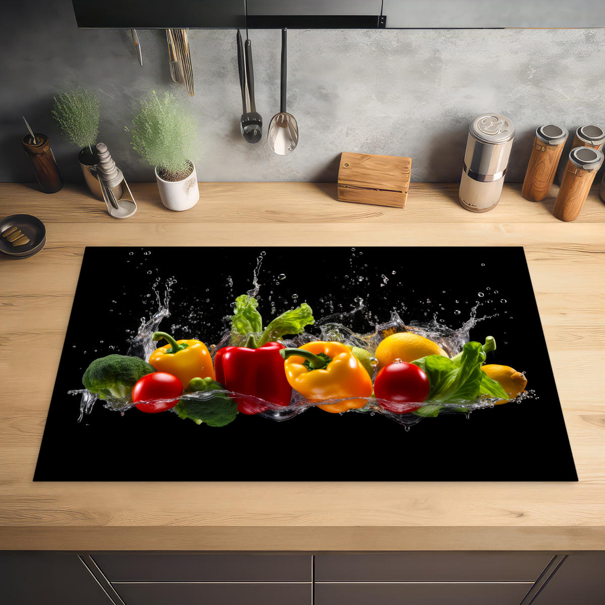 HERDABDECKPLATTE Paprika - Wasser - Gemüse - Schwarz 85x52 cm - Multicolor, Kunststoff (85/0.2/52cm) - MuchoWow