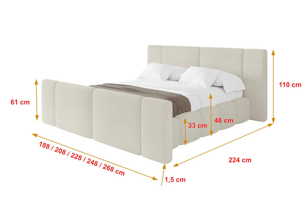 POLSTERBETT mit Bettkasten, Fußteil und Lattenrost, Boxbett ohne Matratze - NILO-Z 180x200 Creme - Beige, Holzwerkstoff/Textil (180/200cm) - ALTDECOR