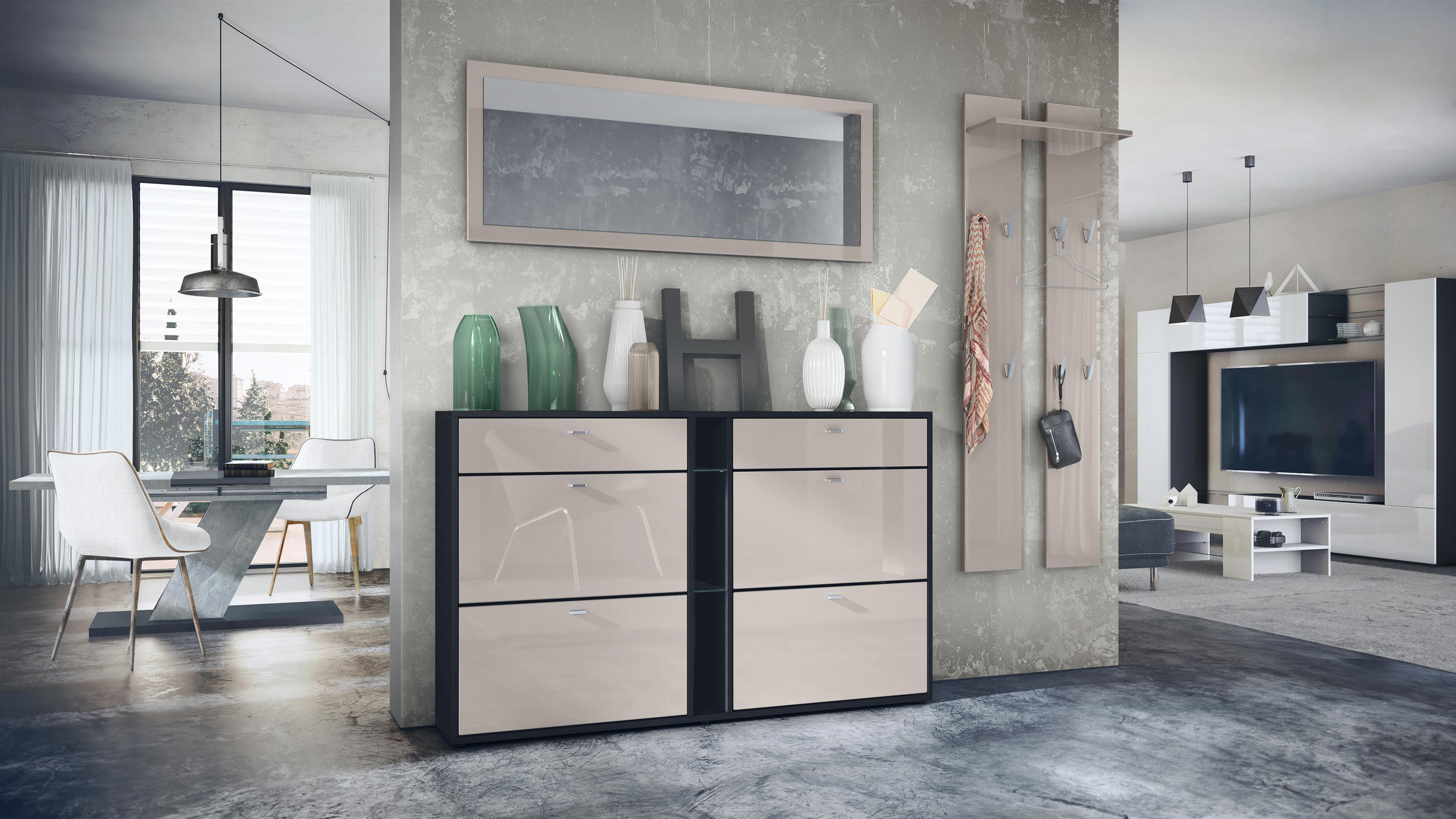 GARDEROBE Orlando Sandgrau Hochglanz - Sandfarben, Holzwerkstoff (215/210/28cm) - Vladon