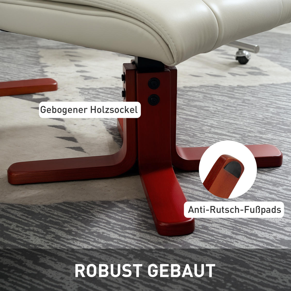 RELAXSESSEL mit Hocker, Fernsehsessel mit Liegefunktion, Wippfunktion, Cremeweiß - Creme/Dunkelrot, Leder/Holz (84/104/84cm) - HOMCOM