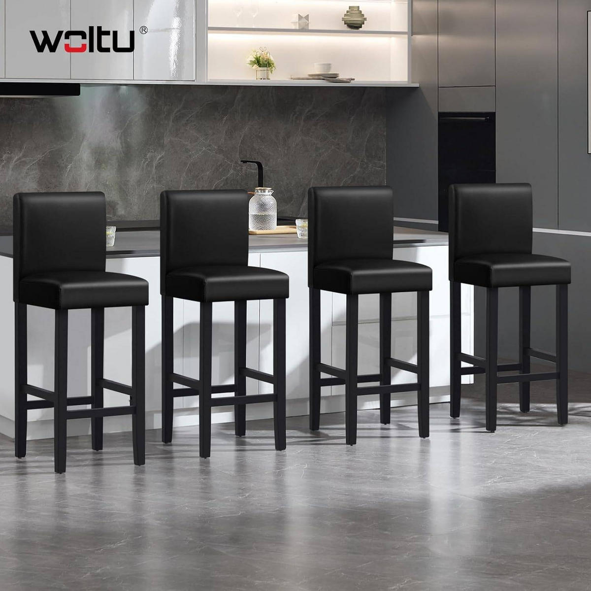 BARHOCKER 2er Set, Massivholz, Antirutschgummi, Kunstleder - Schwarz, Holz (41.5/110.5/48cm) - Woltu