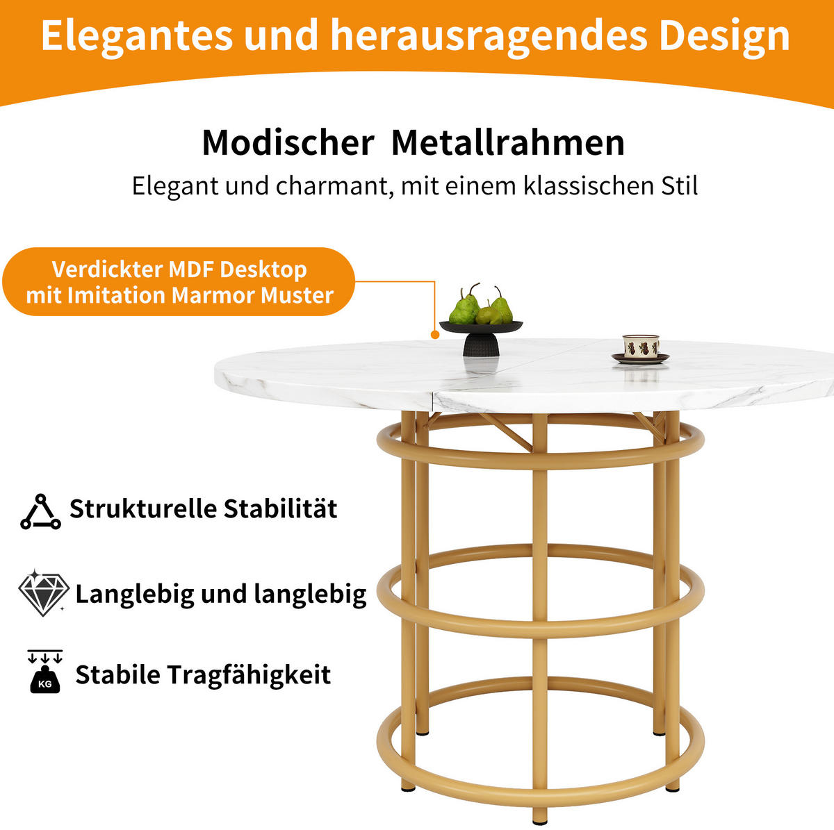 ESSTISCH, MDF in Marmoroptik & Metallgestell, 100/100/76 cm, Goldfarben - Goldfarben, Holzwerkstoff (100/100/76cm) - Redom