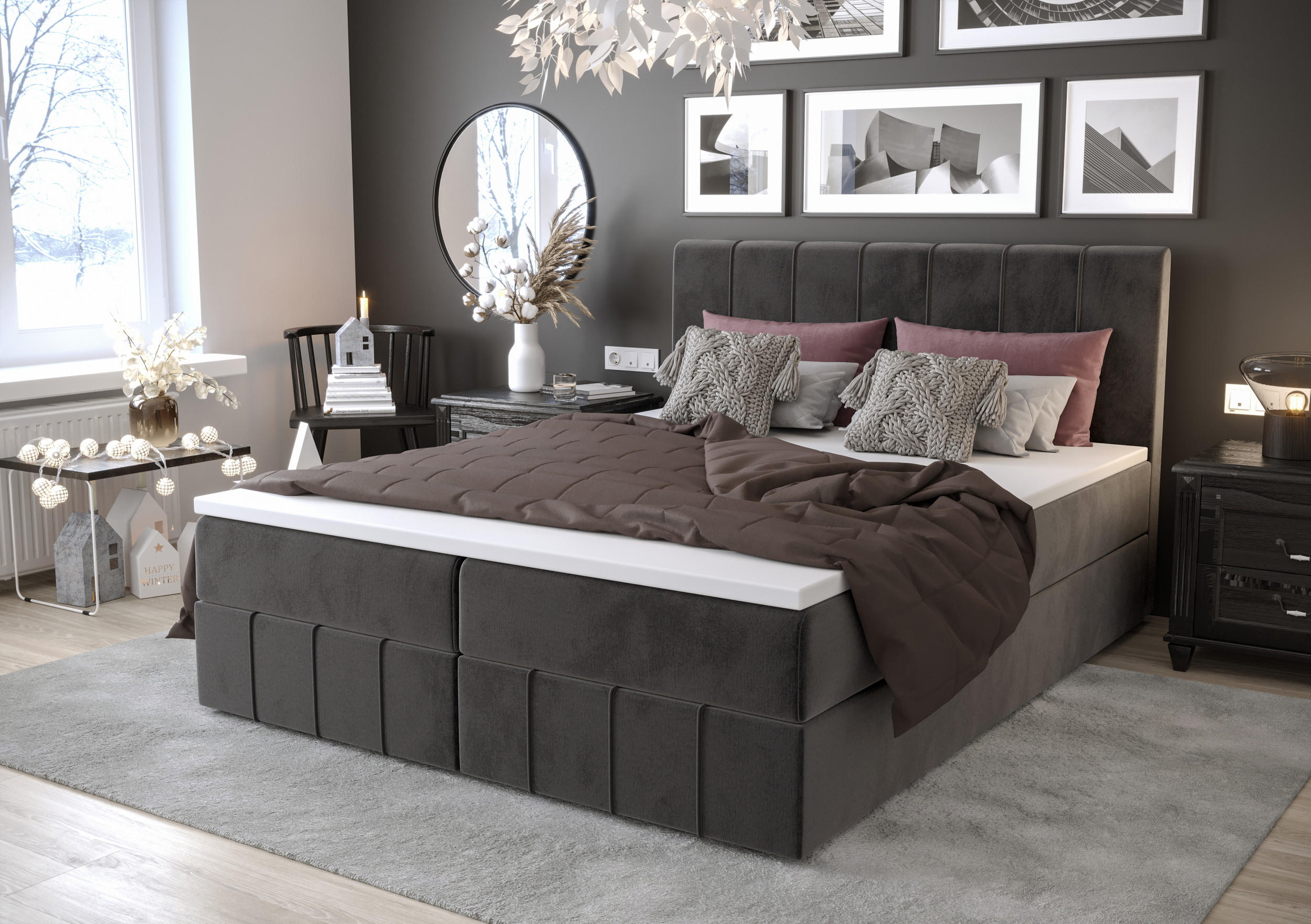 BOXBETT BAHAMA 160x200, mit Matratze H3 und Topper, Monolith 92 - Grau, Holz/Kunststoff (160/200cm) - Bedante