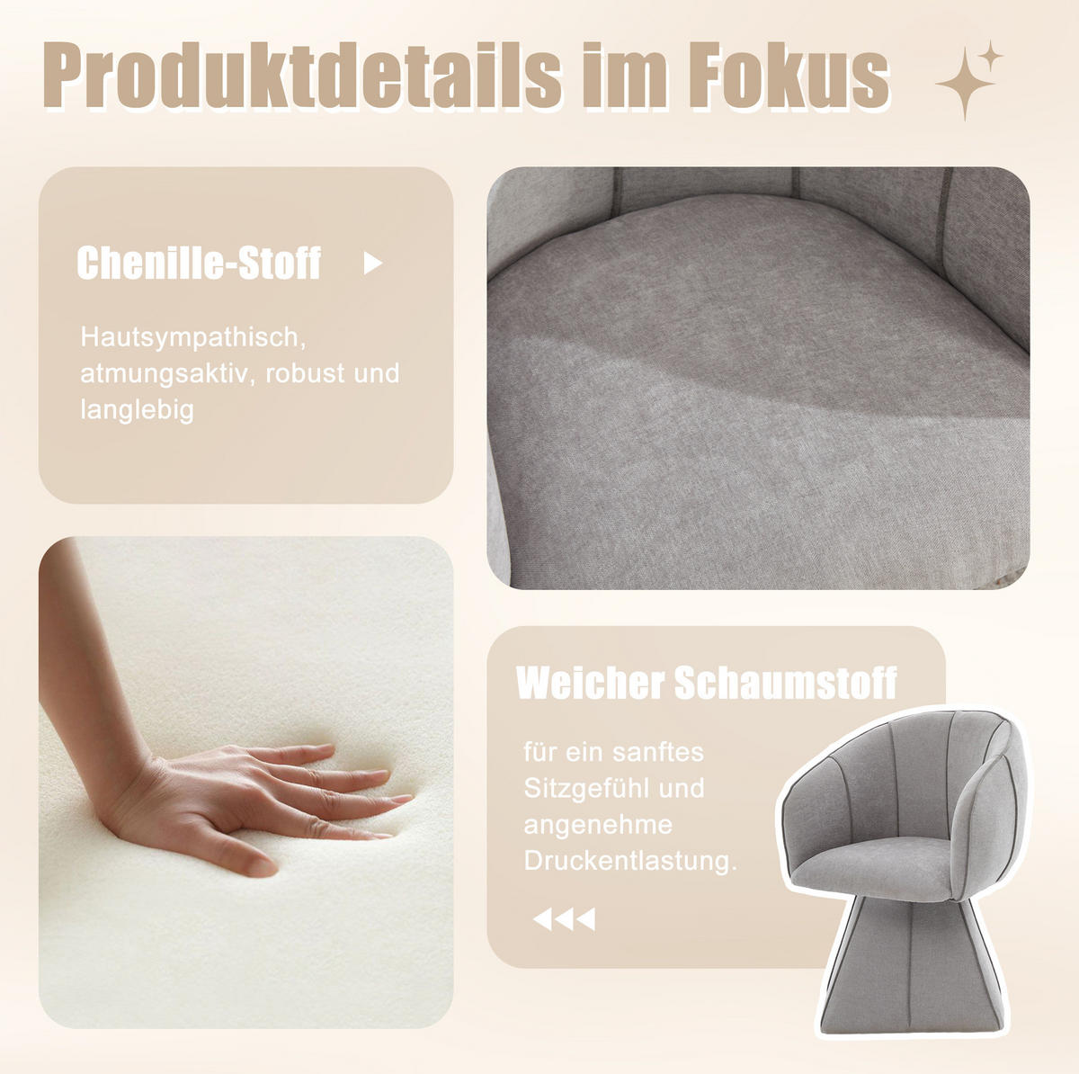 SESSEL 56/54/74,5 cm grau aus Chenille mit 360°-Drehfunktion - Grau, Textil (54/74.5/56cm) - OKWISH