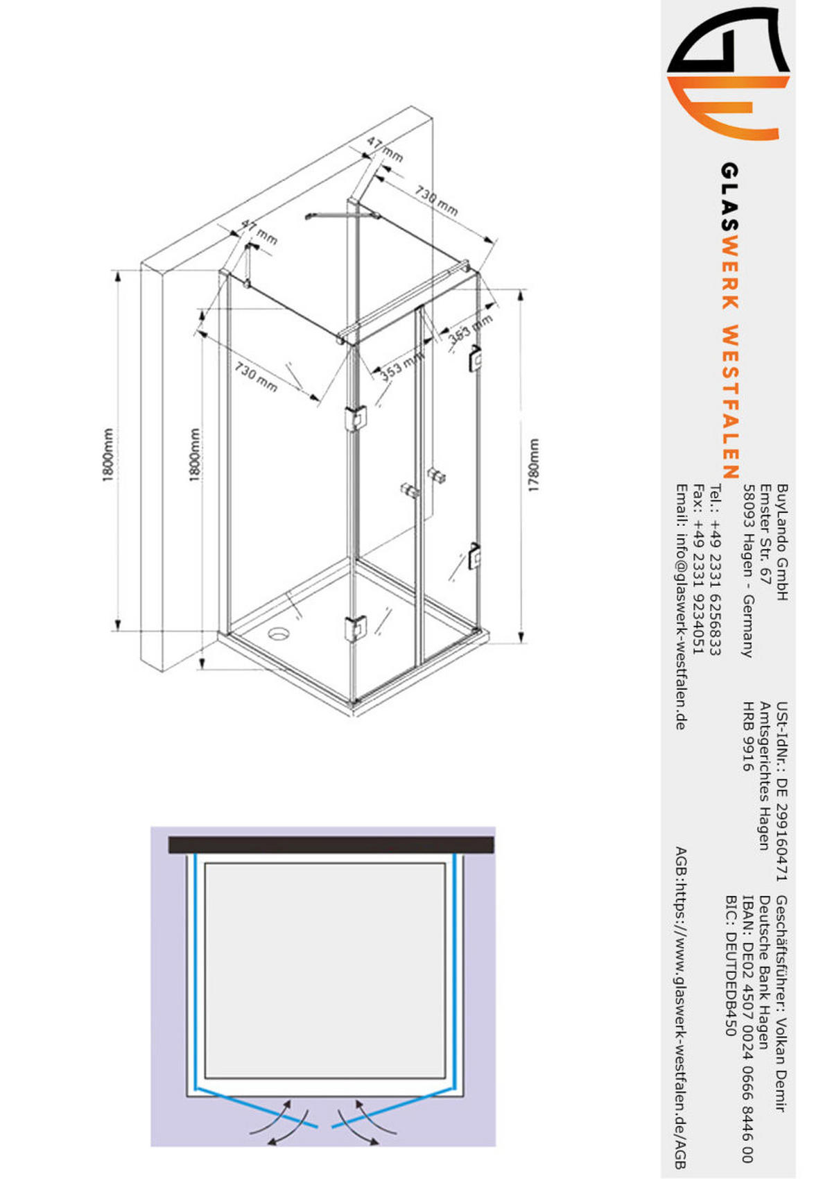 DUSCHKABINE Emma 80x80x80 x180 cm U-Form Schwarz - Schwarz, Glas (80/80/180cm) -  Glaswerk Westfalen