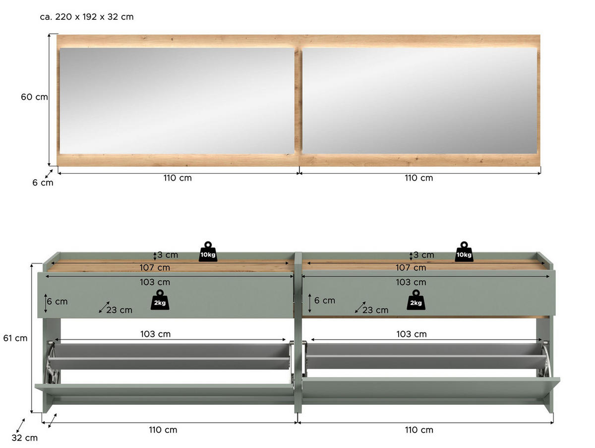 GARDEROBEN-SET DRIVE (B/H/T: ca. 220/192/32 cm) in Salbei/Salbei - Salbeigrün, Holzwerkstoff (220/192/32cm)