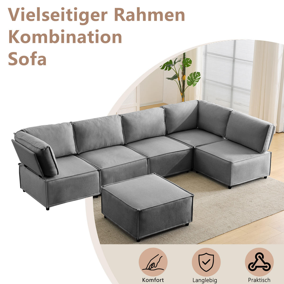 WOHNLANDSCHAFT Leinen Hellgrau mit Schlaffunktion - Hellgrau, Holzwerkstoff/Textil (308/77/152cm) - WISHDOR