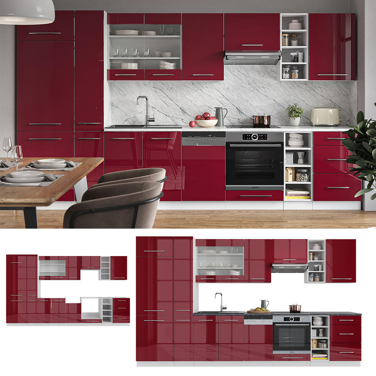 KÜCHENZEILE Fame-Line Bordeaux Hochglanz/Weiß 355 cm, AP Marmor - Bordeaux/Weiß, Holzwerkstoff (355/81.6/60cm) - Vicco