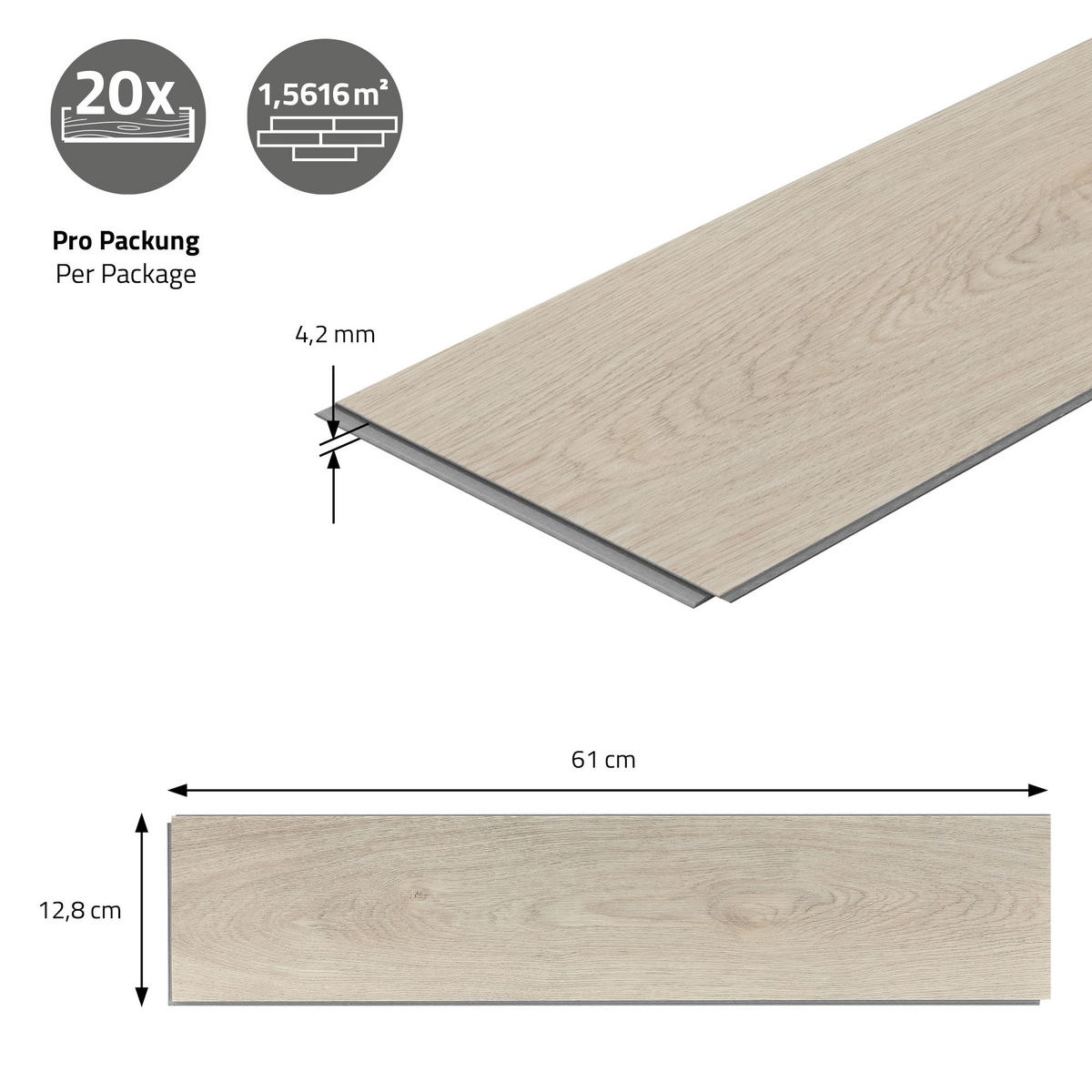 VINYLBODEN Click 1,56m²/20 Dielen Fischgrät Eiche Hell - Braun, Kunststoff (61.5/12.8/0.42cm) - ML-DESIGN