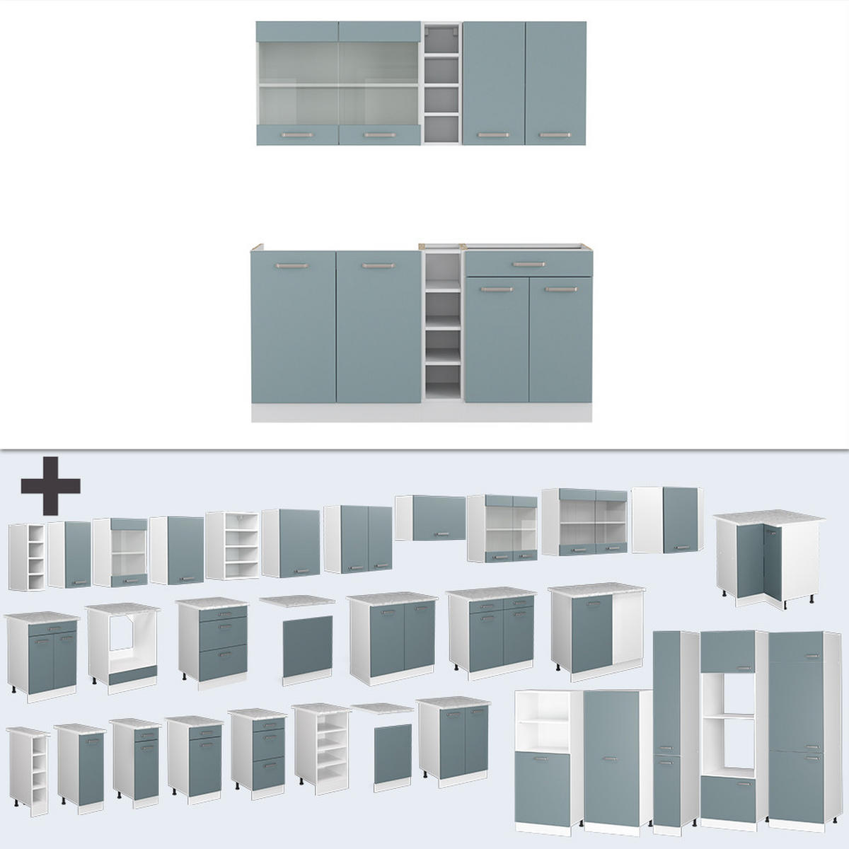 SINGLEKÜCHE R-Line Blau-Grau/Weiß 160 cm, AP Anthrazit - Blaugrau/Weiß, Holzwerkstoff (160/81.6/60cm) - Vicco