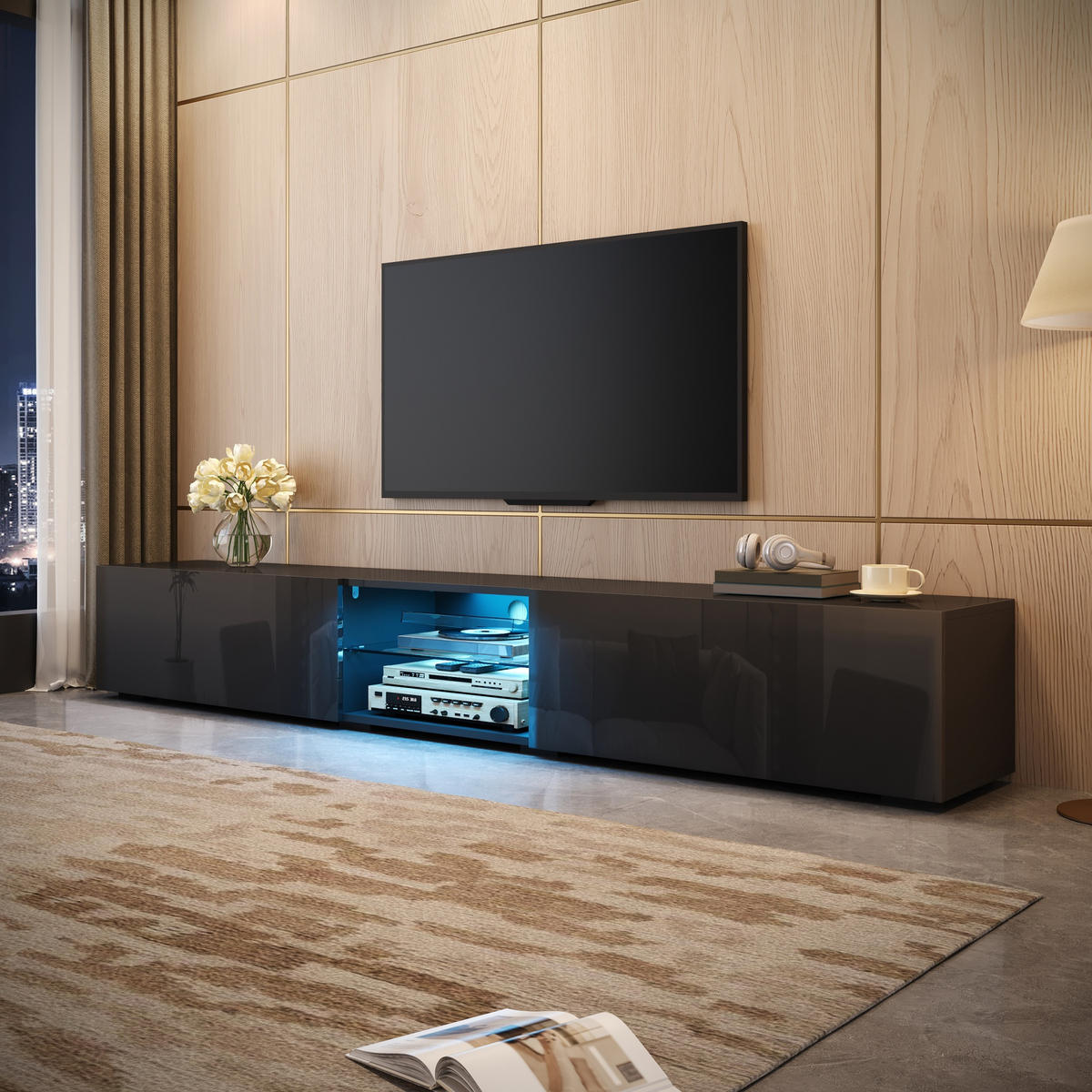 TV-SCHRANK 200/30/30 cm Schwarz mit LED-Beleuchtung und 2 Türen - Schwarz, Holzwerkstoff (200/30/30cm) - Oxeza