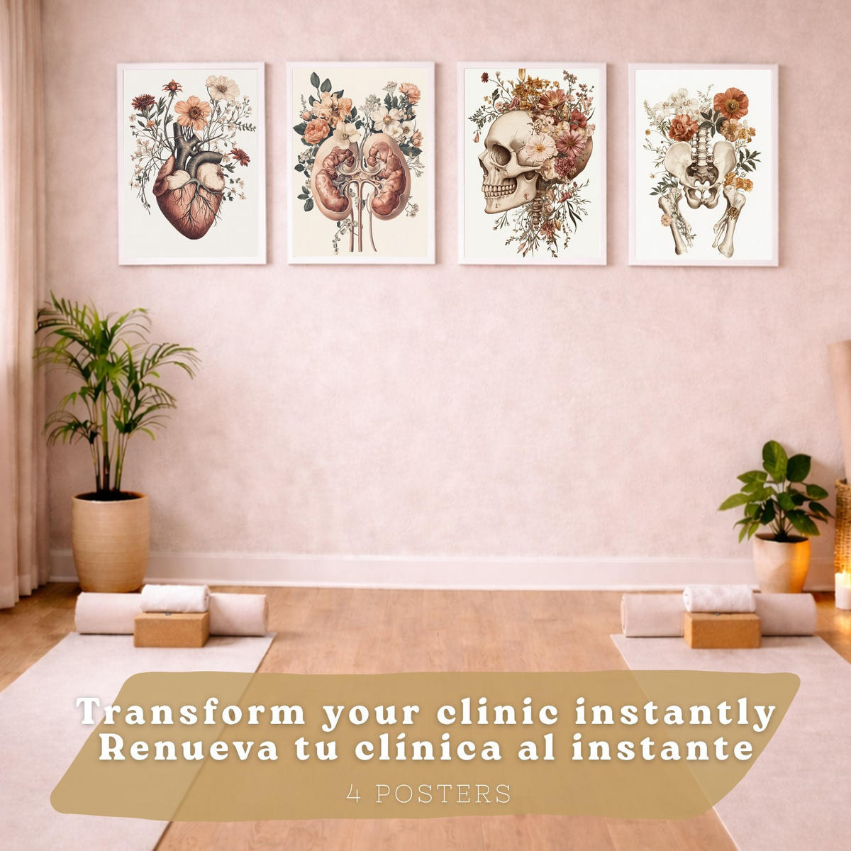POSTER Set aus 4 Anatomie Drucke und Wandbilder mit Herz Nieren Schädel und Becken Botanischer Stil Medizinische Wanddekoration Größe Weißer Rahmen A4 - Weiß, Papier (21/29.7/3cm) - Nacnic