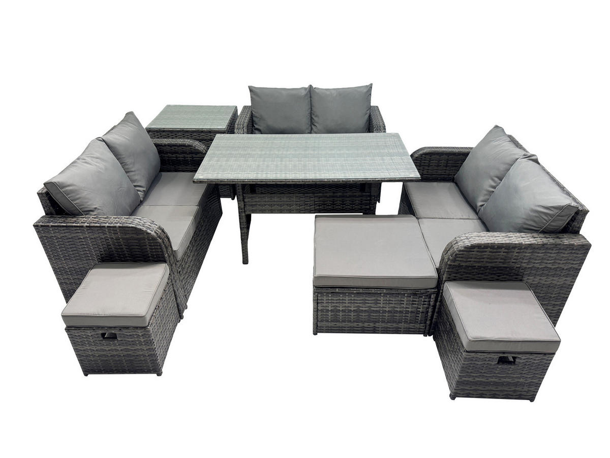 SITZGRUPPE mit Esstisch,Zweisitzer,3 Hockern,Beistelltisch Polyrattan 9-Sitzer - Dunkelgrau/Grau, Glas/Kunststoff - Fimous