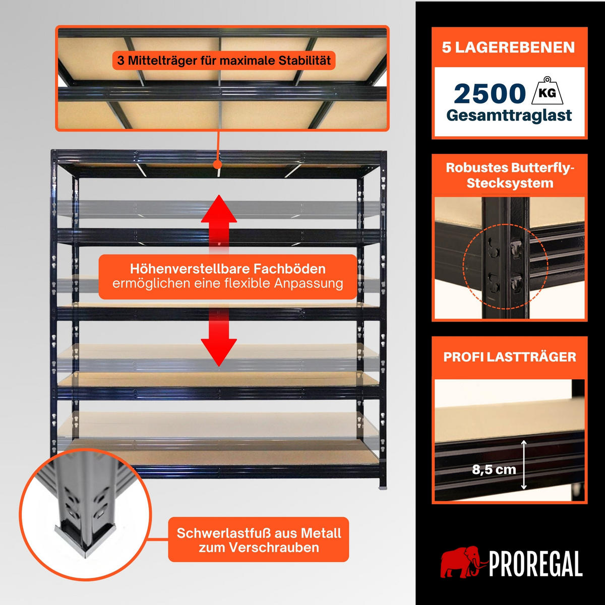 SCHWERLASTREGAL Rhino 200x200x60 cm 5 Spanplatten-Ebenen 8mm Fachlast 500 kg Schwarz - Schwarz, Metall (200/200/60cm) - PROREGAL