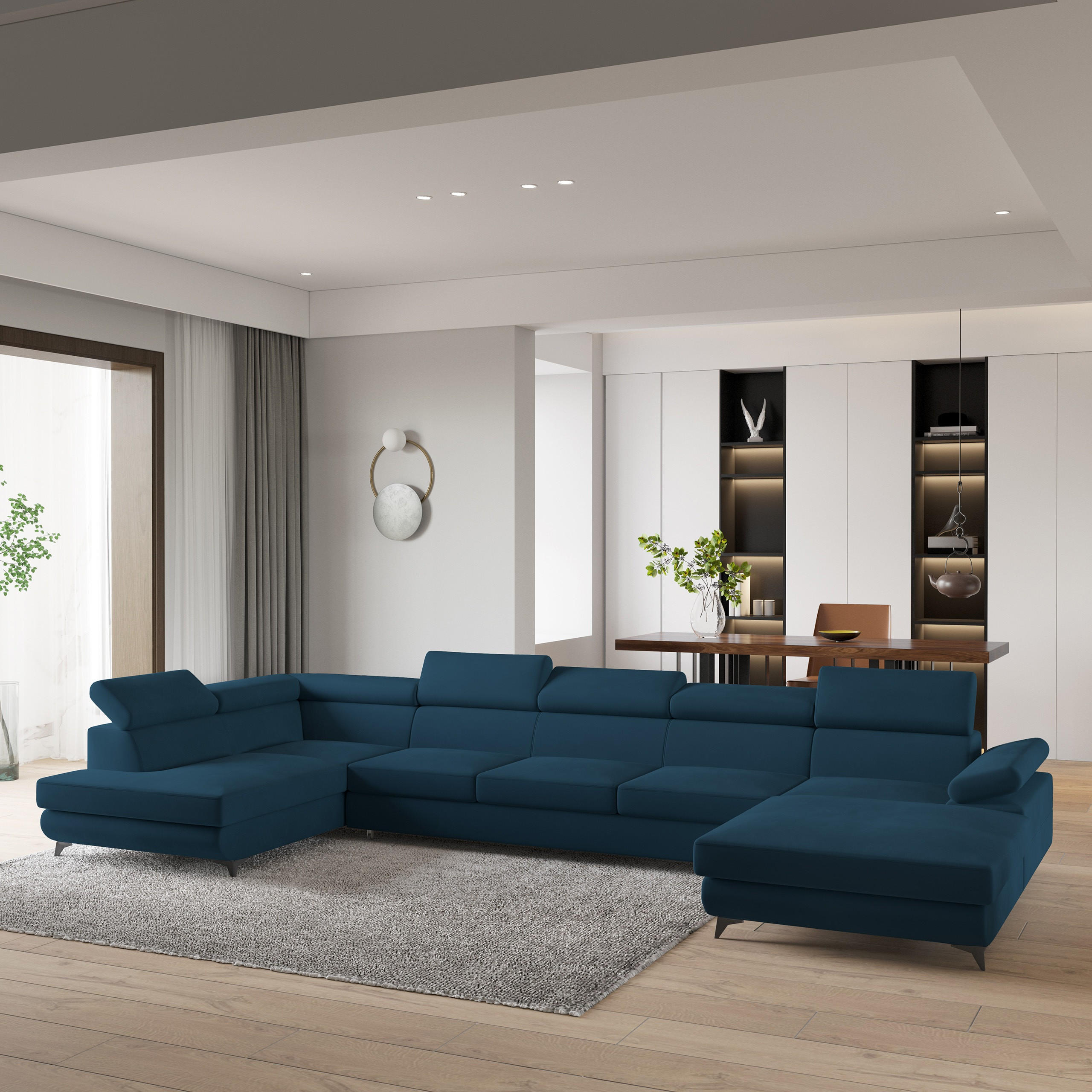 WOHNLANDSCHAFT MONTIVA Blau Velours-Stoff mit Schlaffunktion - Blau, Holz (410/89/190cm) - MASSENO