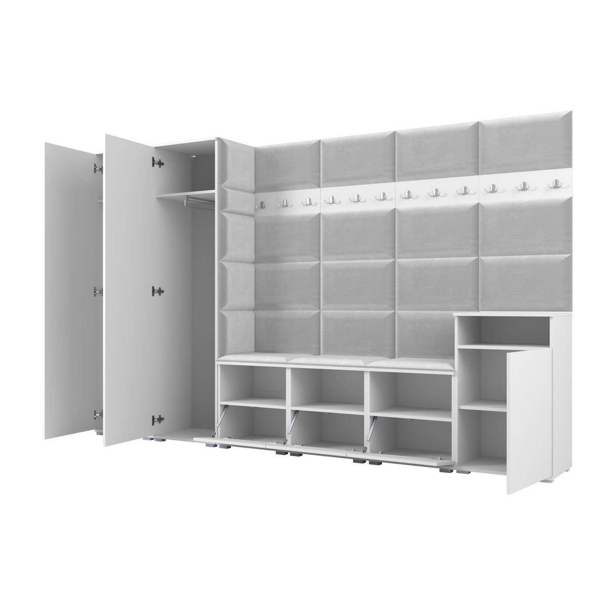 GARDEROBE NELA XII 300 cm (Modulare Flurmöbel Graphit mit Spiegel & Sitzpolster Schwarz 16 Gigantisches Set) - Silberfarben/Schwarz, Holz/Holzwerkstoff (300/187/40cm) - Ravio