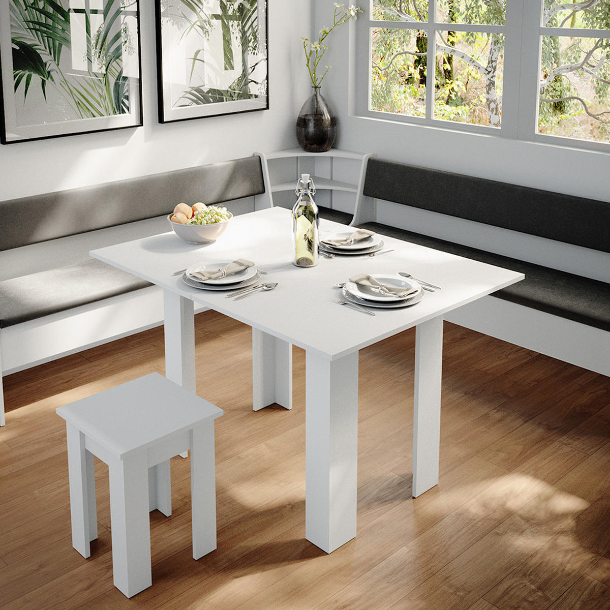 ECKBANKGRUPPE Roman Weiß 210 x 41.5 cm mit Tisch - Anthrazit/Weiß, Holzwerkstoff (210/80/210cm) - Vicco